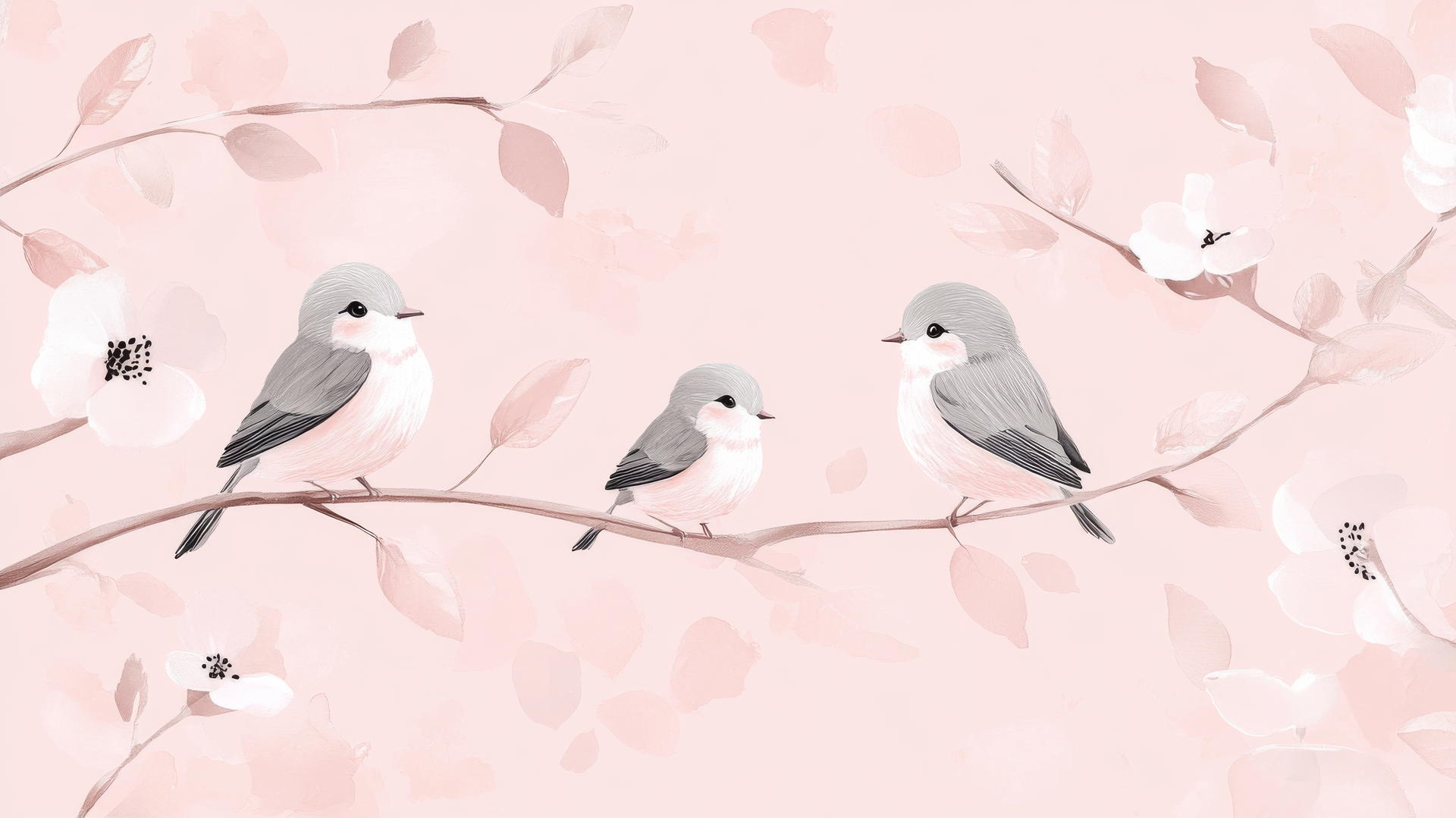 pink wallpaper cute with cartoon birds perched on branches