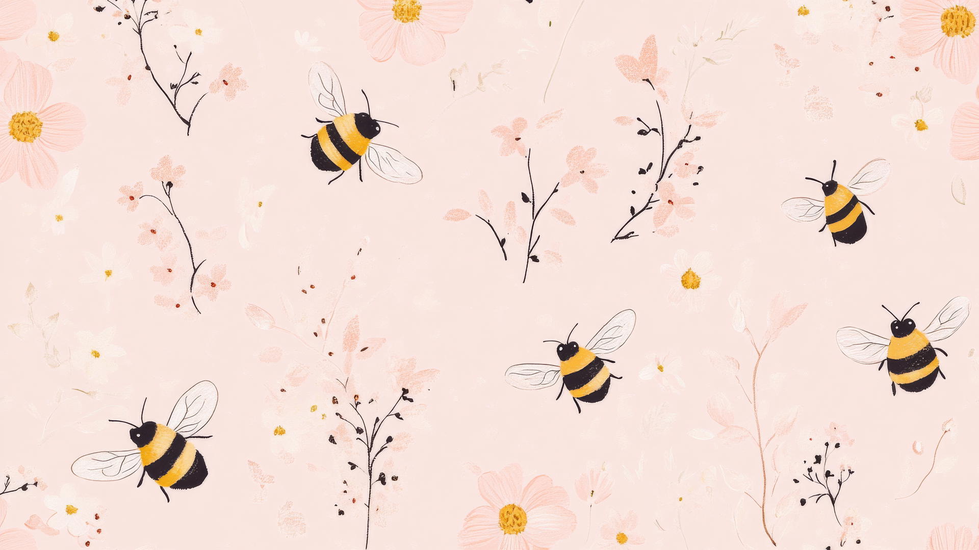 pink cute wallpaper with cartoon bees and tiny flowers