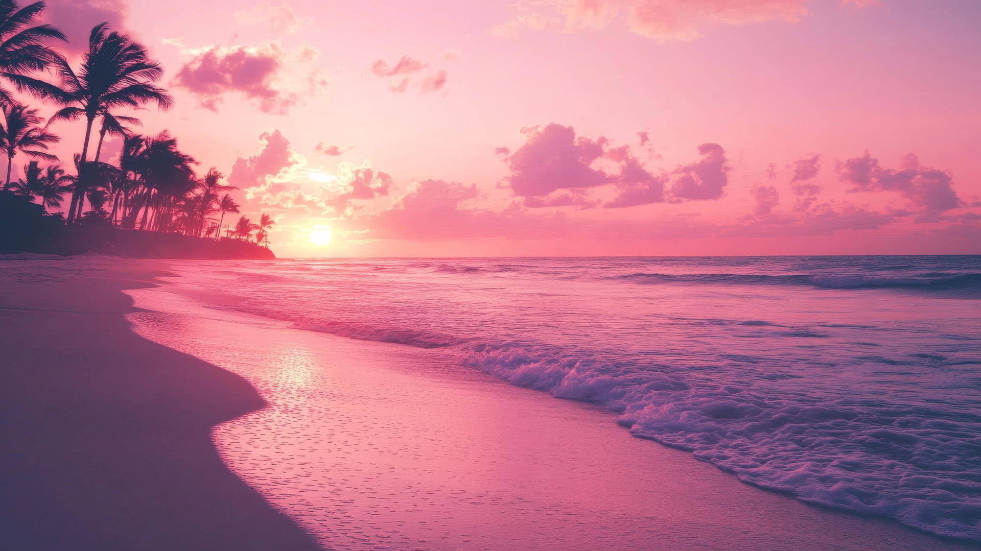 serene beach at sunset with rich pink sky and palm trees, pink aesthetic wallpaper