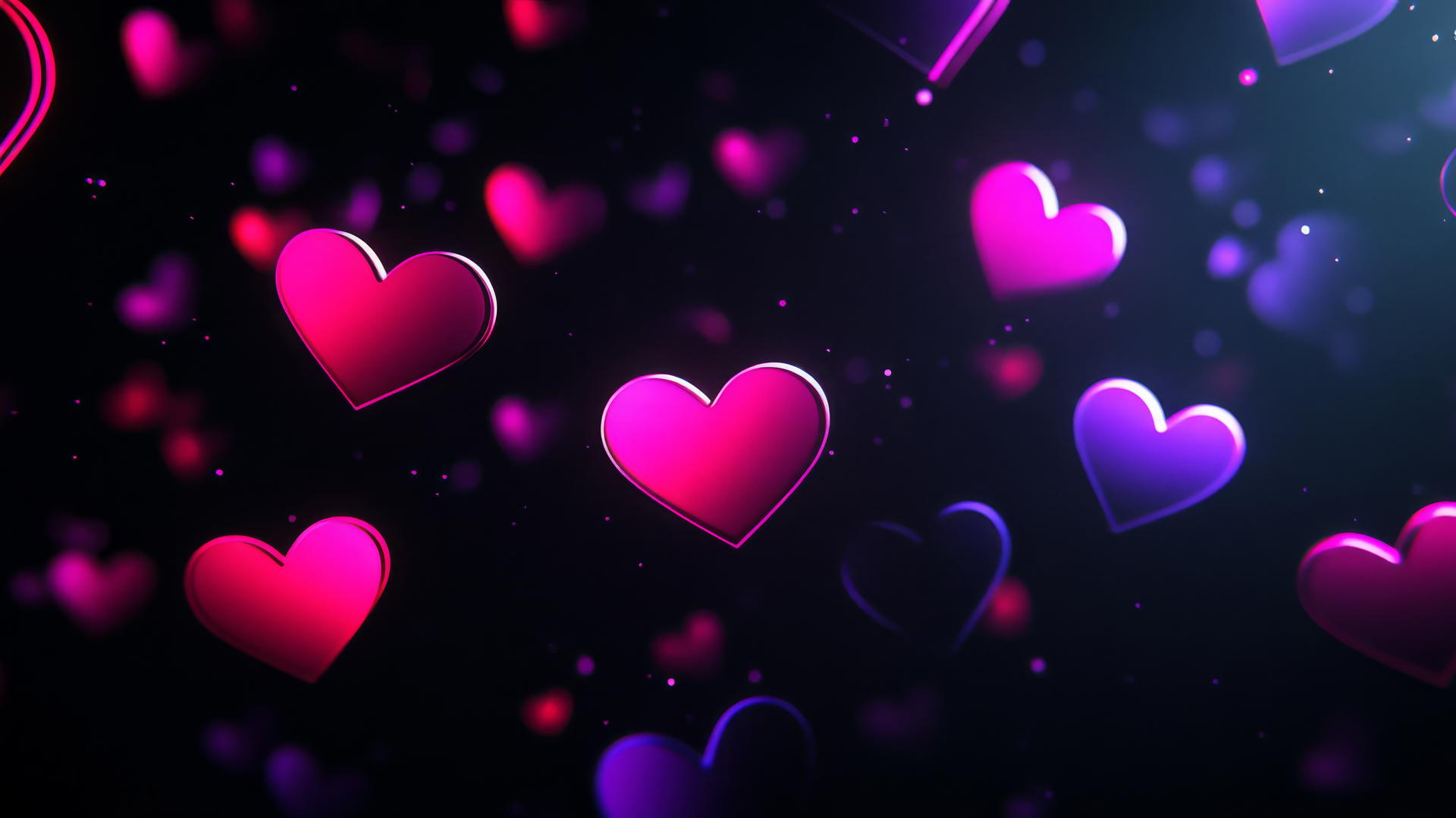 Black wallpaper for girls with neon pink and purple hearts glowing softly