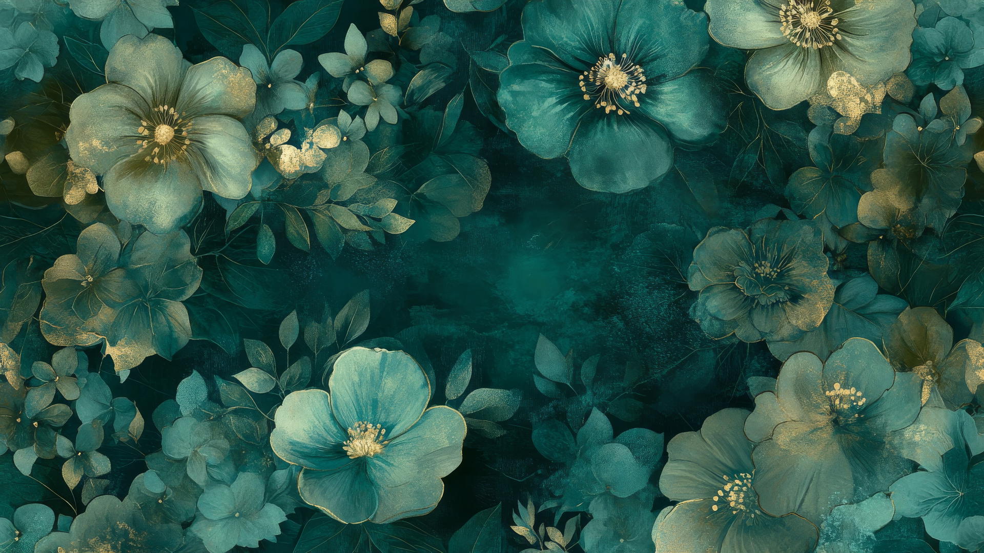 green floral wallpaper with dark background and gold highlights