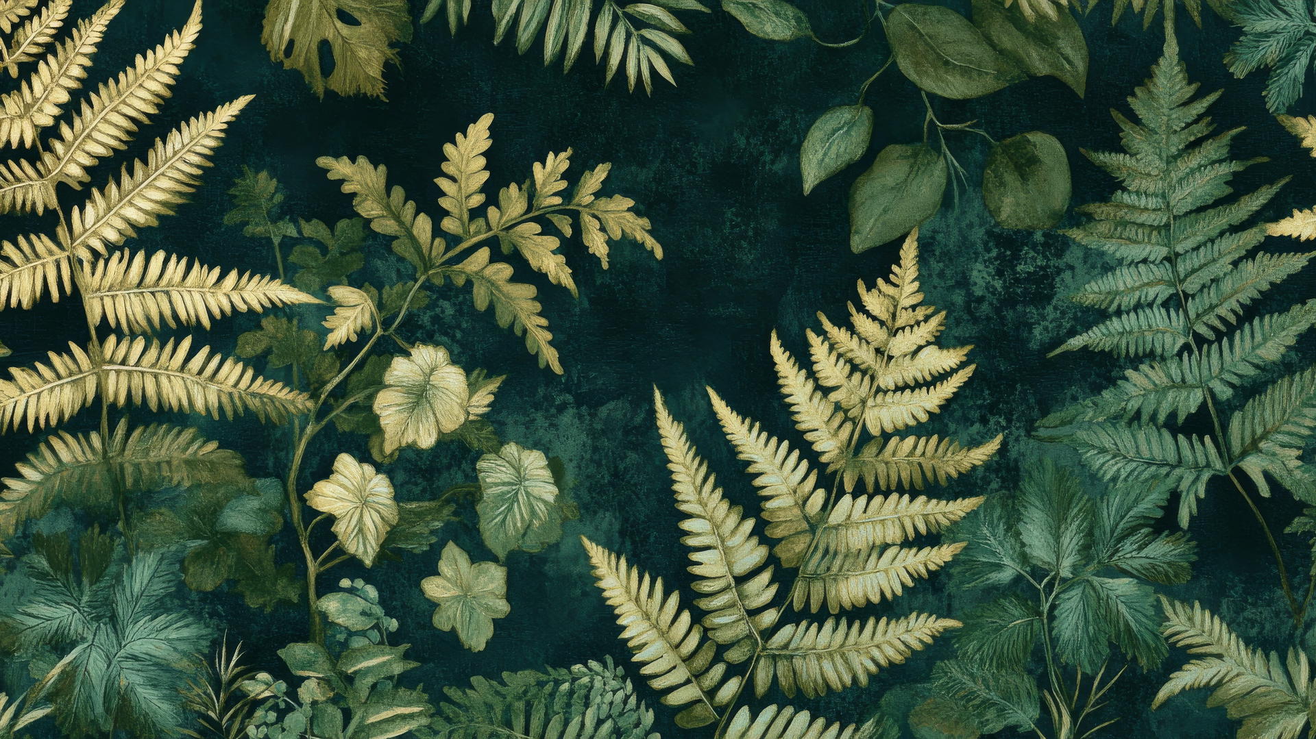 Elegant botanical green wallpaper with detailed fern and leaf illustrations.