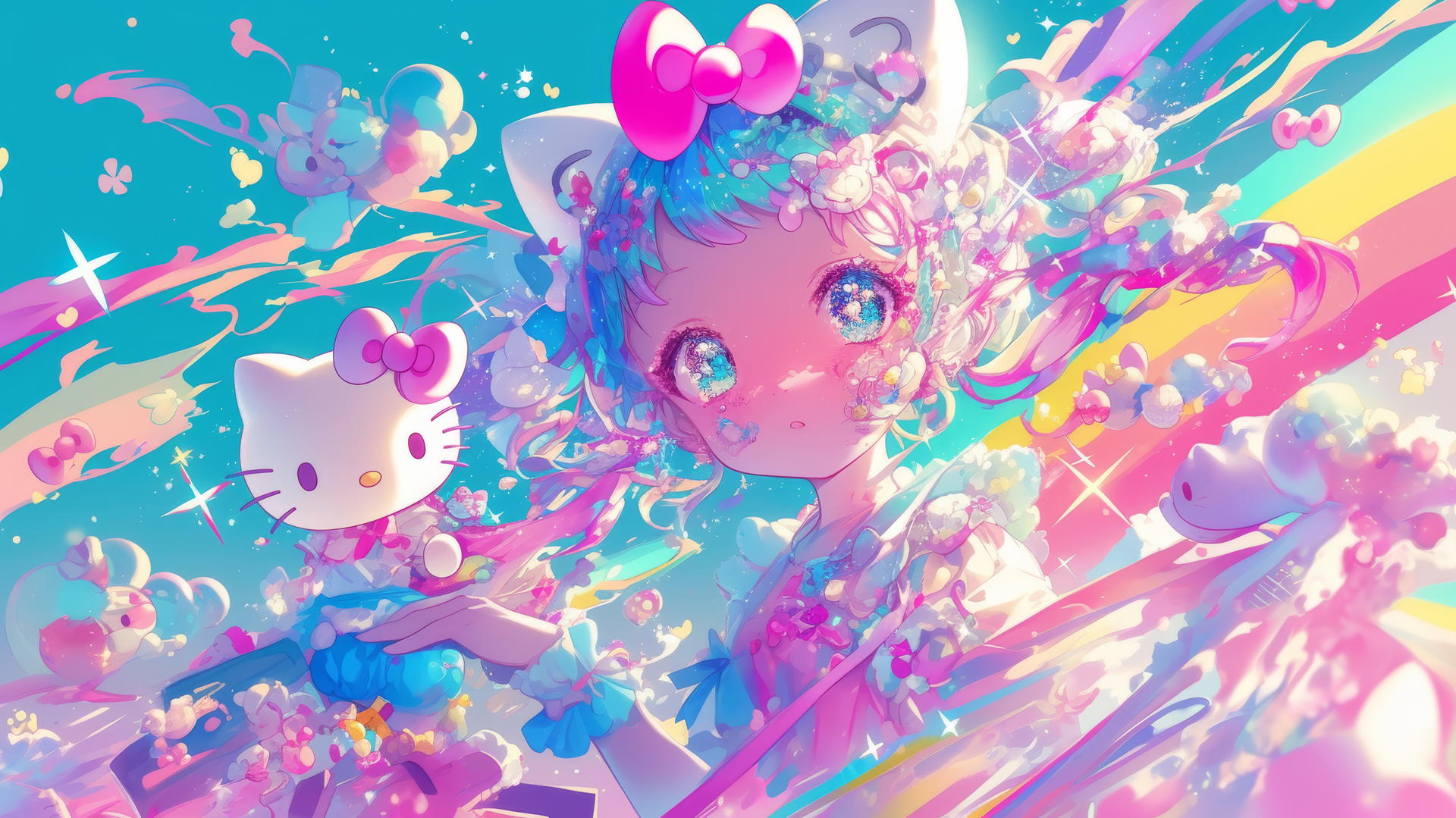 Y2K Hello Kitty wallpaper aesthetic with vibrant rainbow gradient and sparkles