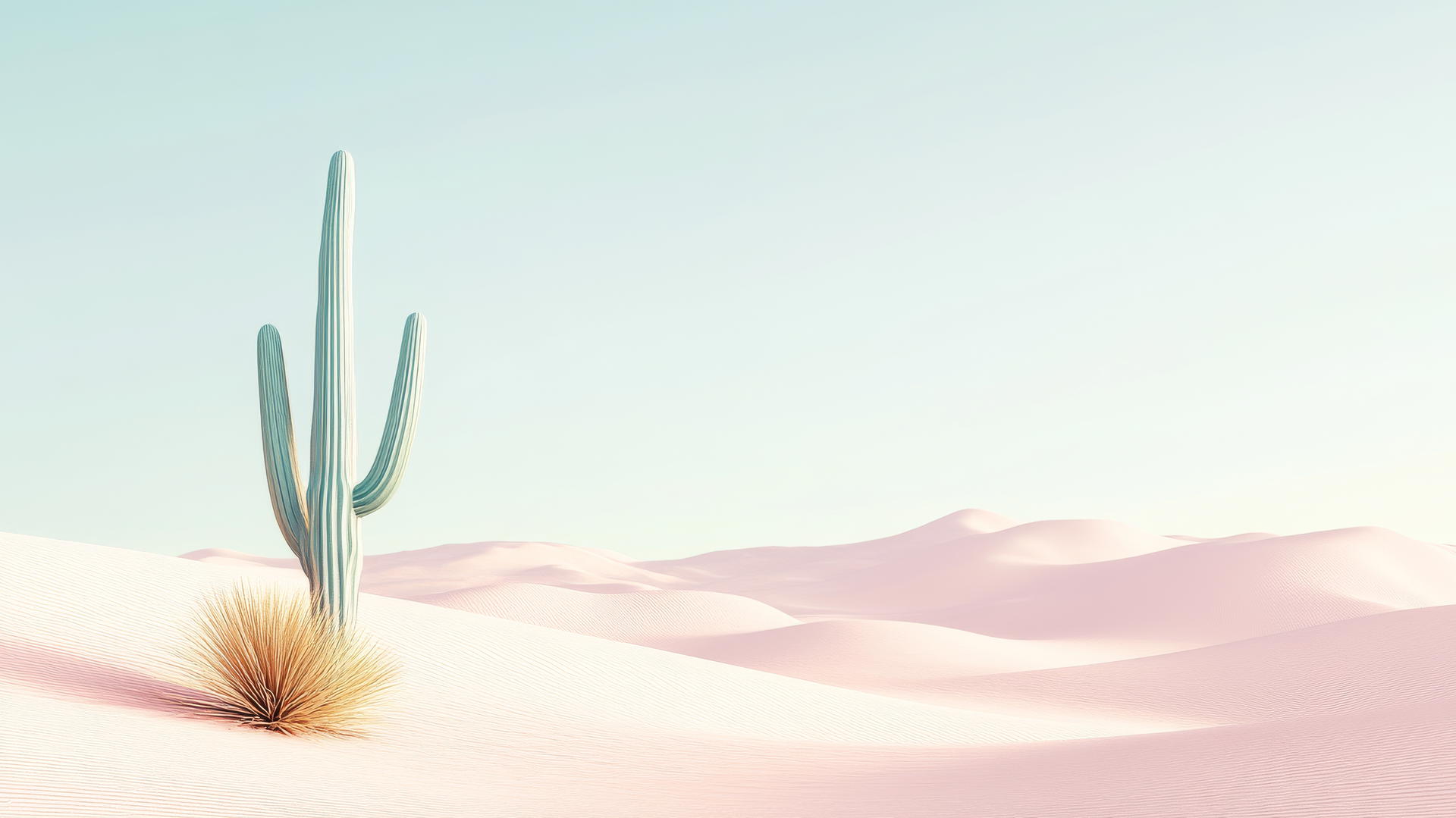 nature aesthetic wallpaper with soft sand dunes, pale blue sky, and a single cactus