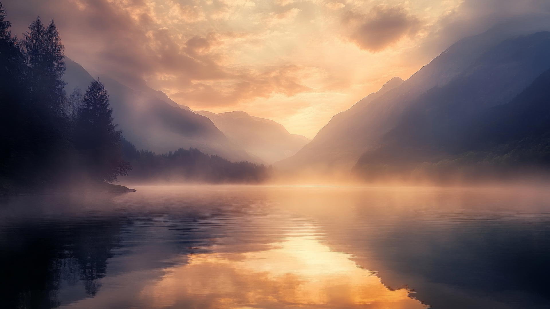 nature aesthetic wallpaper of a tranquil lake with misty mountains at sunset