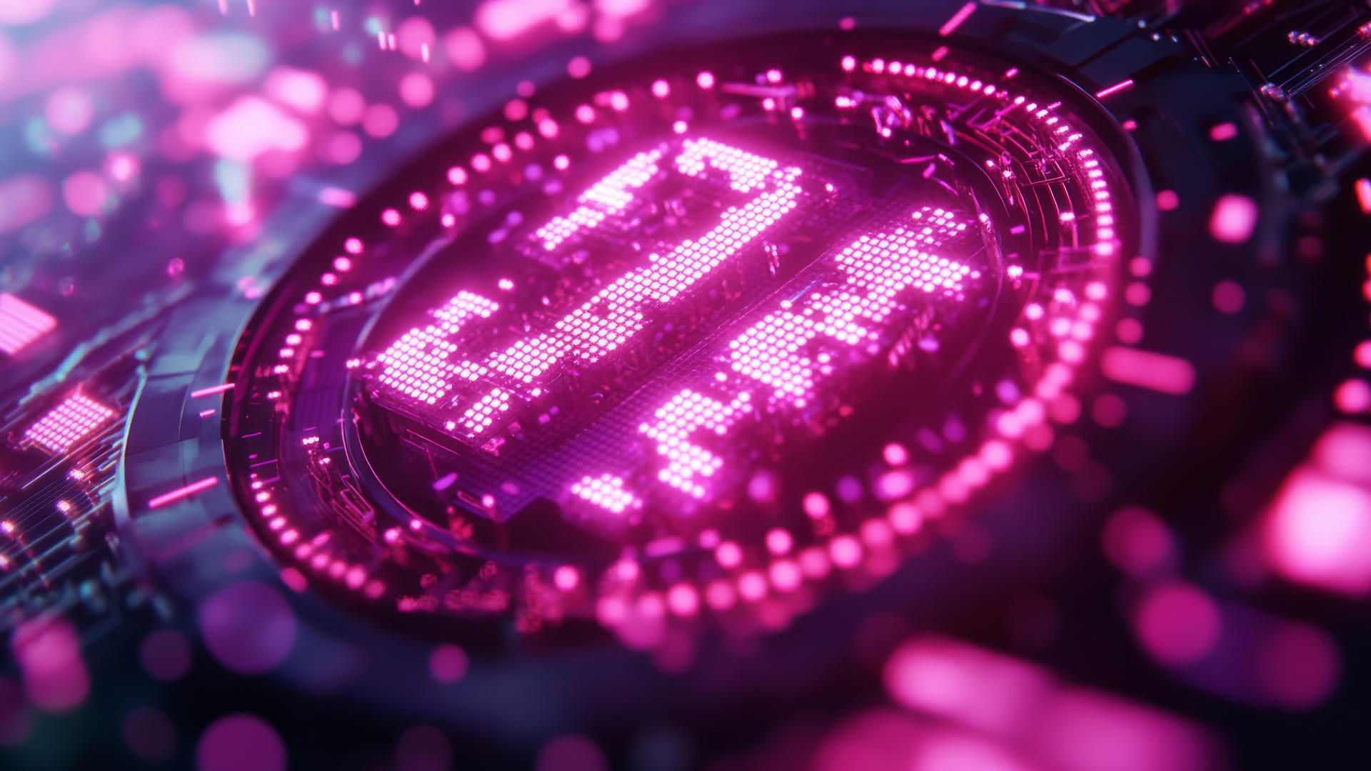 pink y2k wallpaper with retro-futuristic neon pink clock, pixelated numbers, glitch effects, holographic sparkles