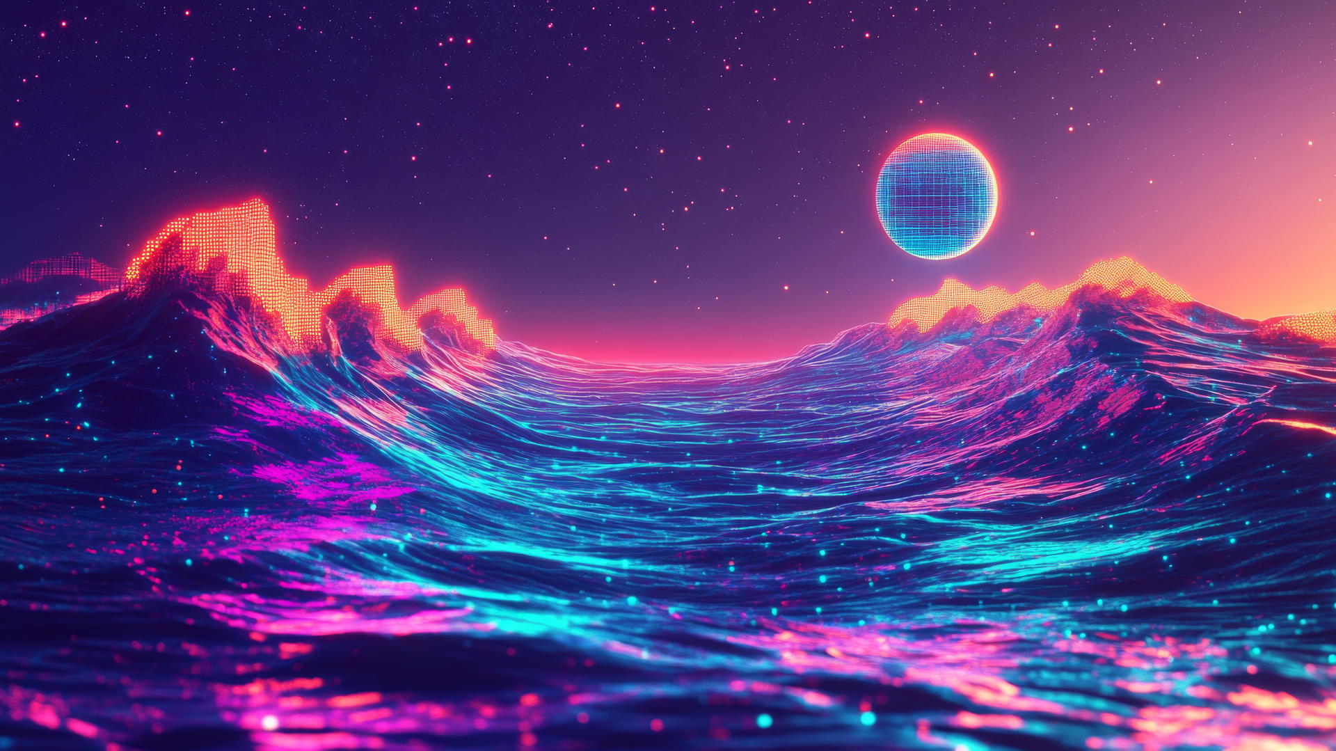 cyber y2k wallpaper with neon waves, digital fish, and pixelated moon