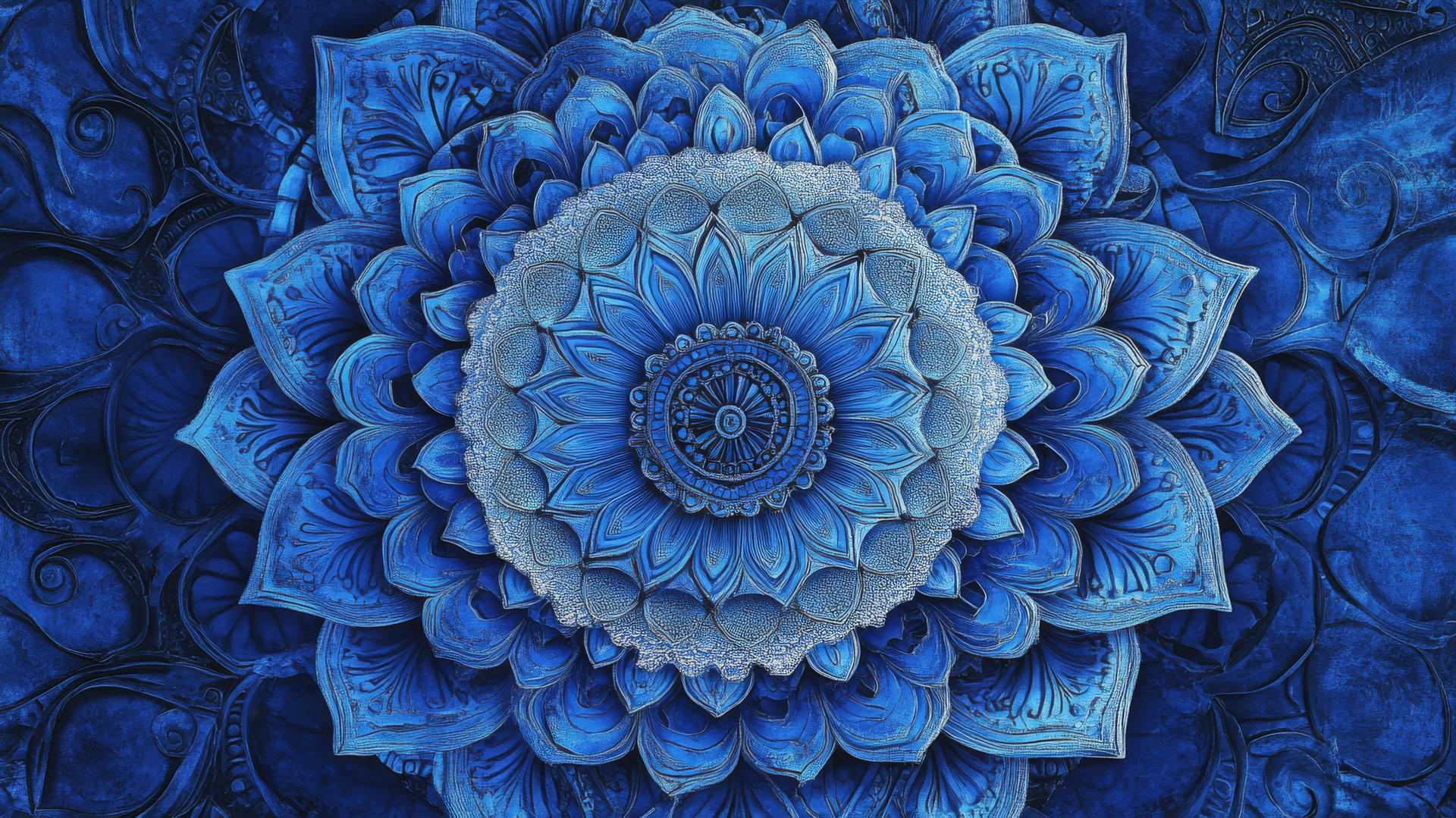 A detailed mandala design in shades of royal blue, creating a harmonious and spiritual aesthetic.