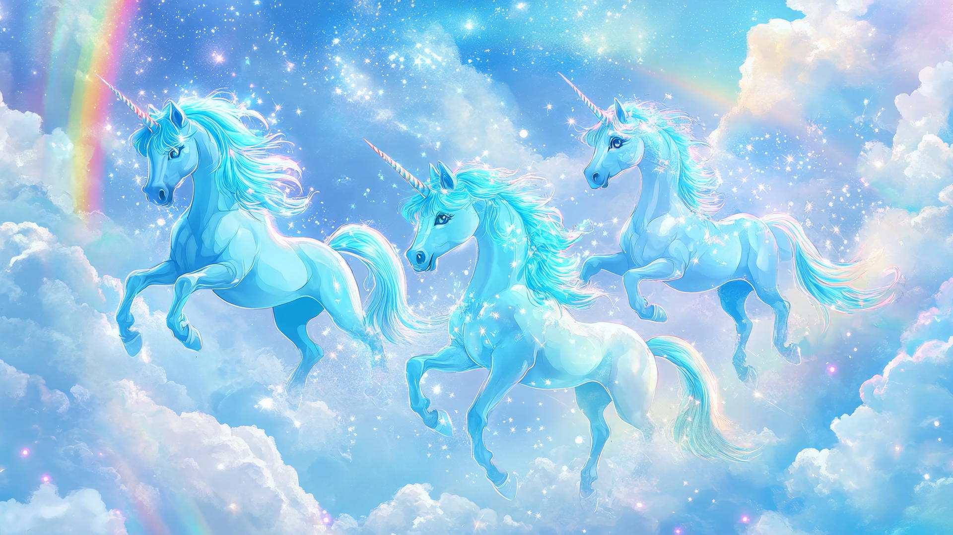 cute blue wallpaper with dreamy blue unicorns, stars, and rainbows