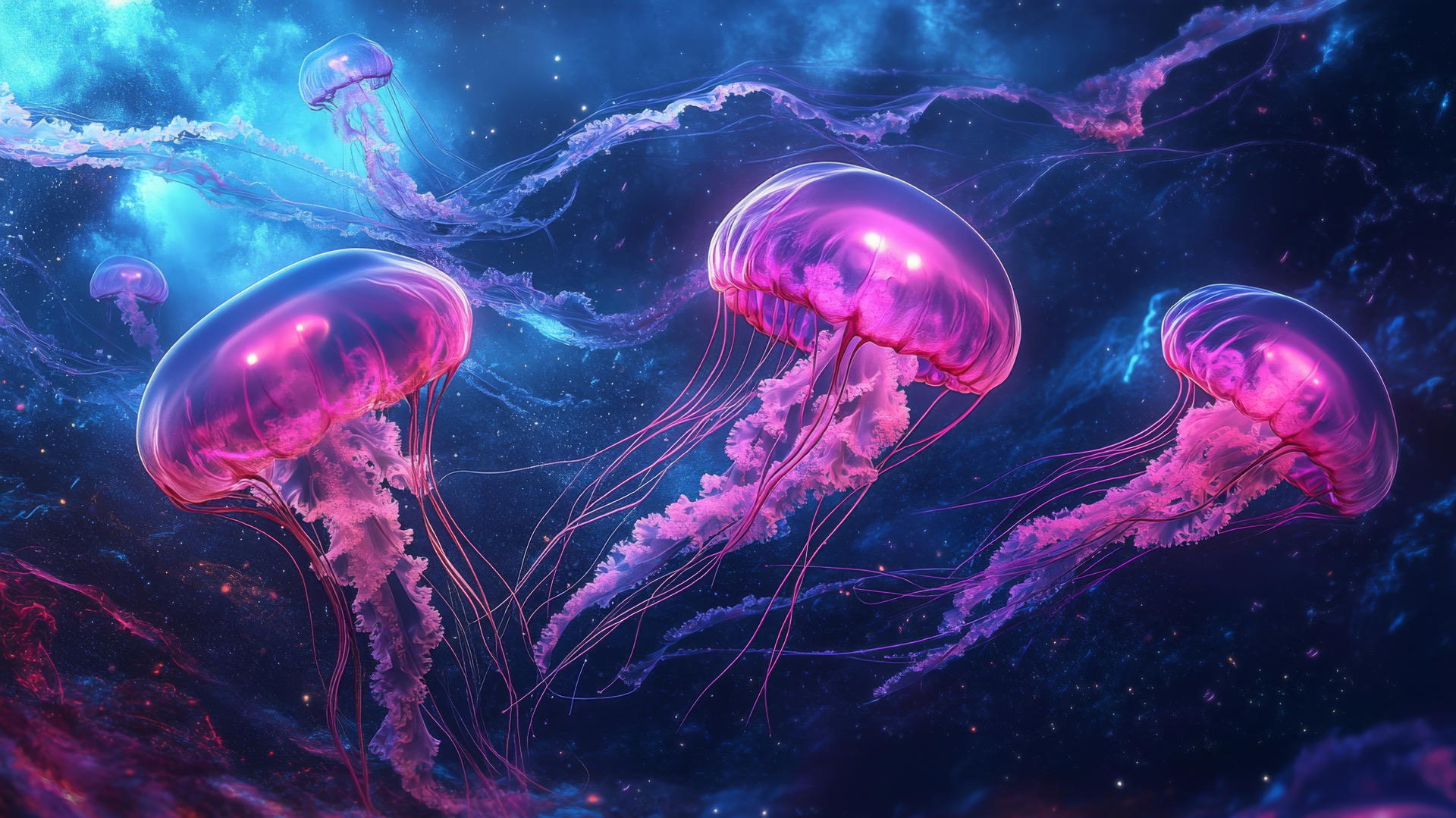 pink and blue wallpaper with ethereal glowing jellyfish in deep blue ocean