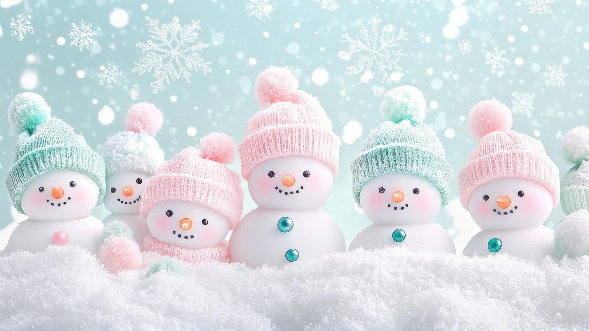 girly cute christmas wallpaper with cute snowmen in pastel hats