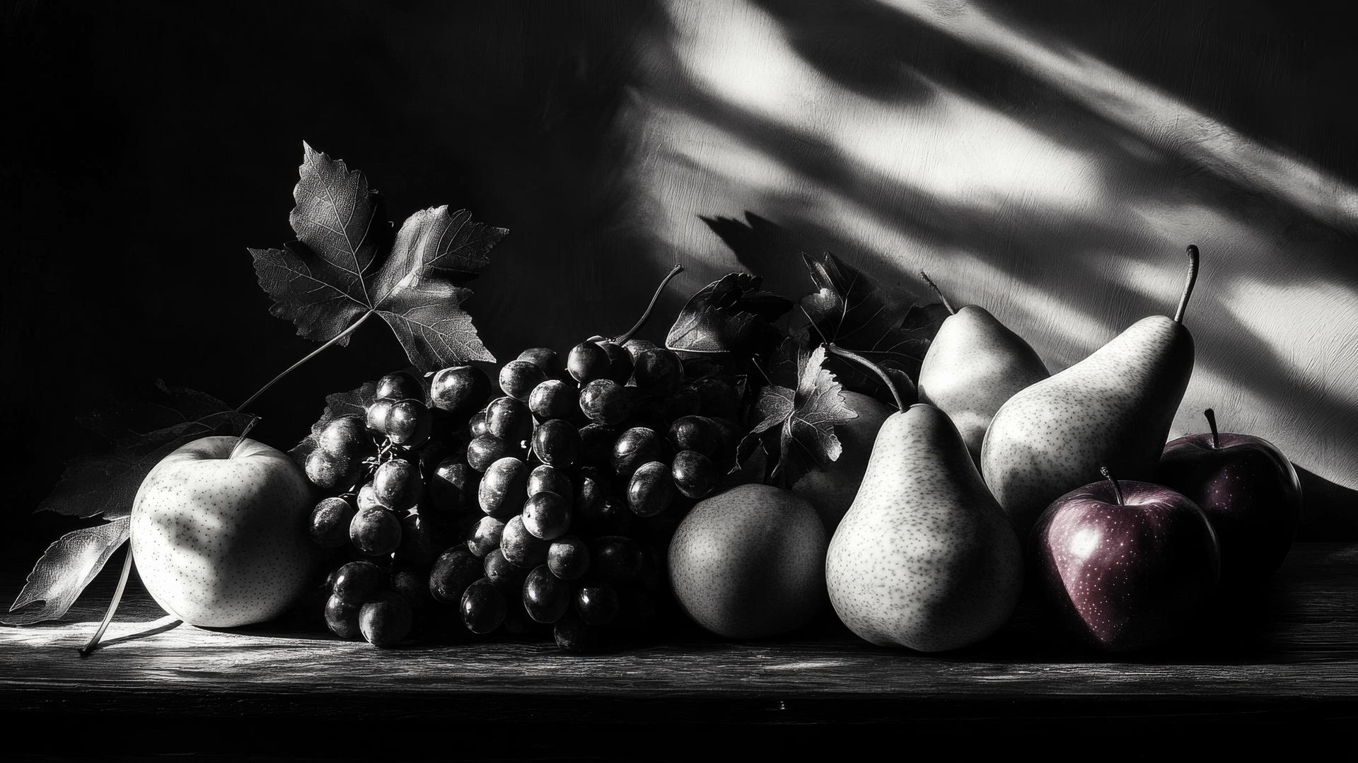 Thanksgiving wallpaper aesthetic: autumn fruits on dark wood with dramatic shadows