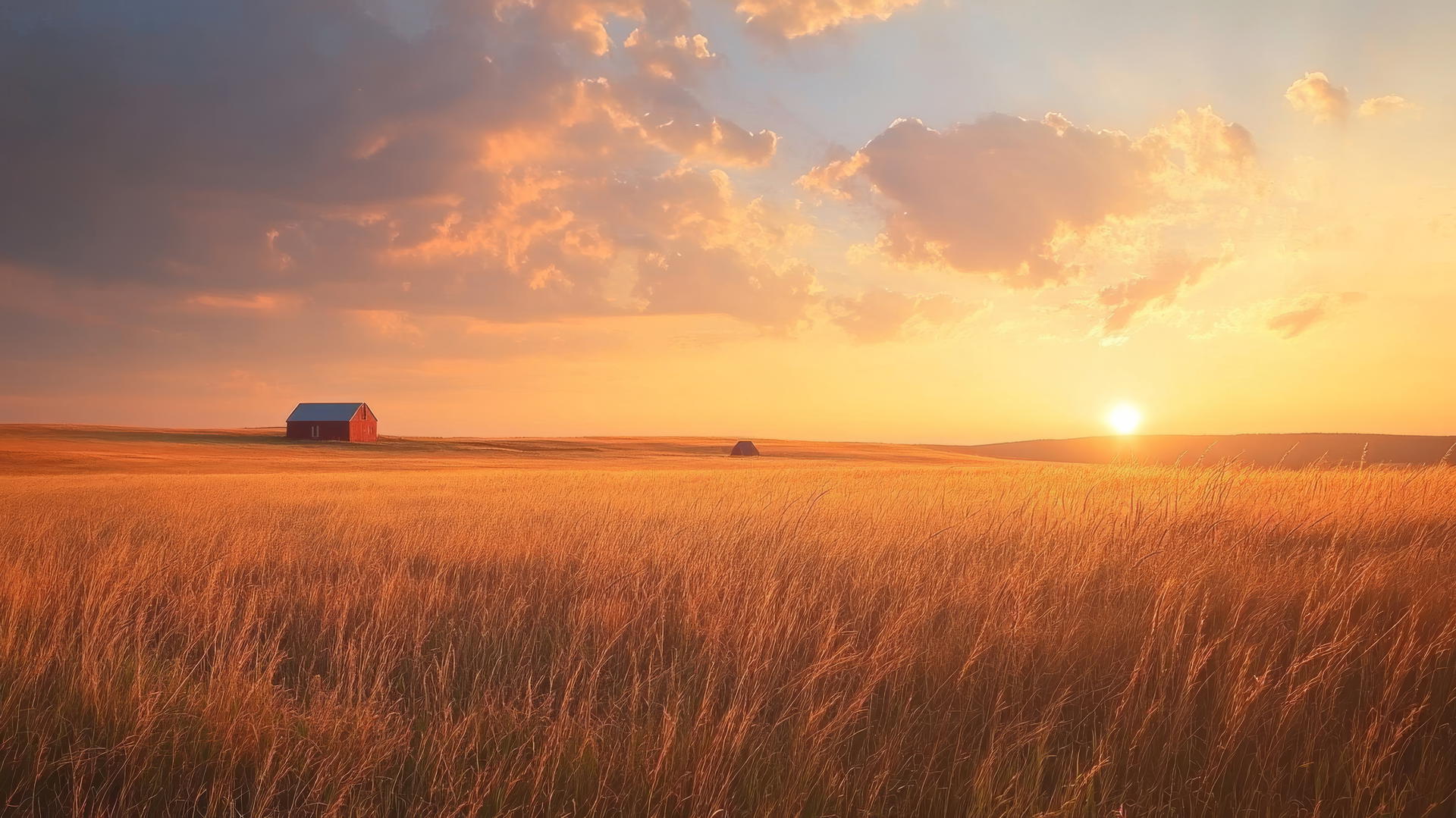 thanksgiving aesthetic wallpaper with serene open field, golden hour, wild grasses, and distant red barn