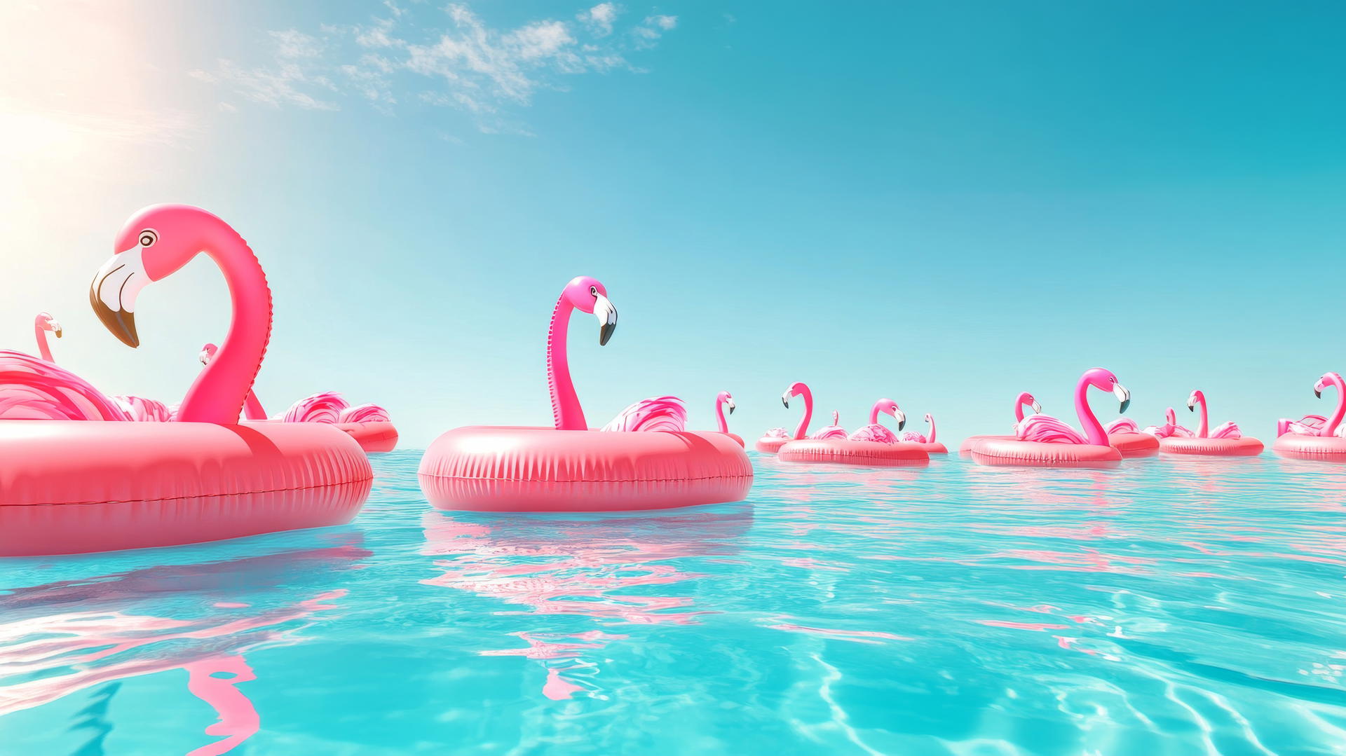 Cute summer wallpaper with inflatable flamingo floaties in a swimming pool.