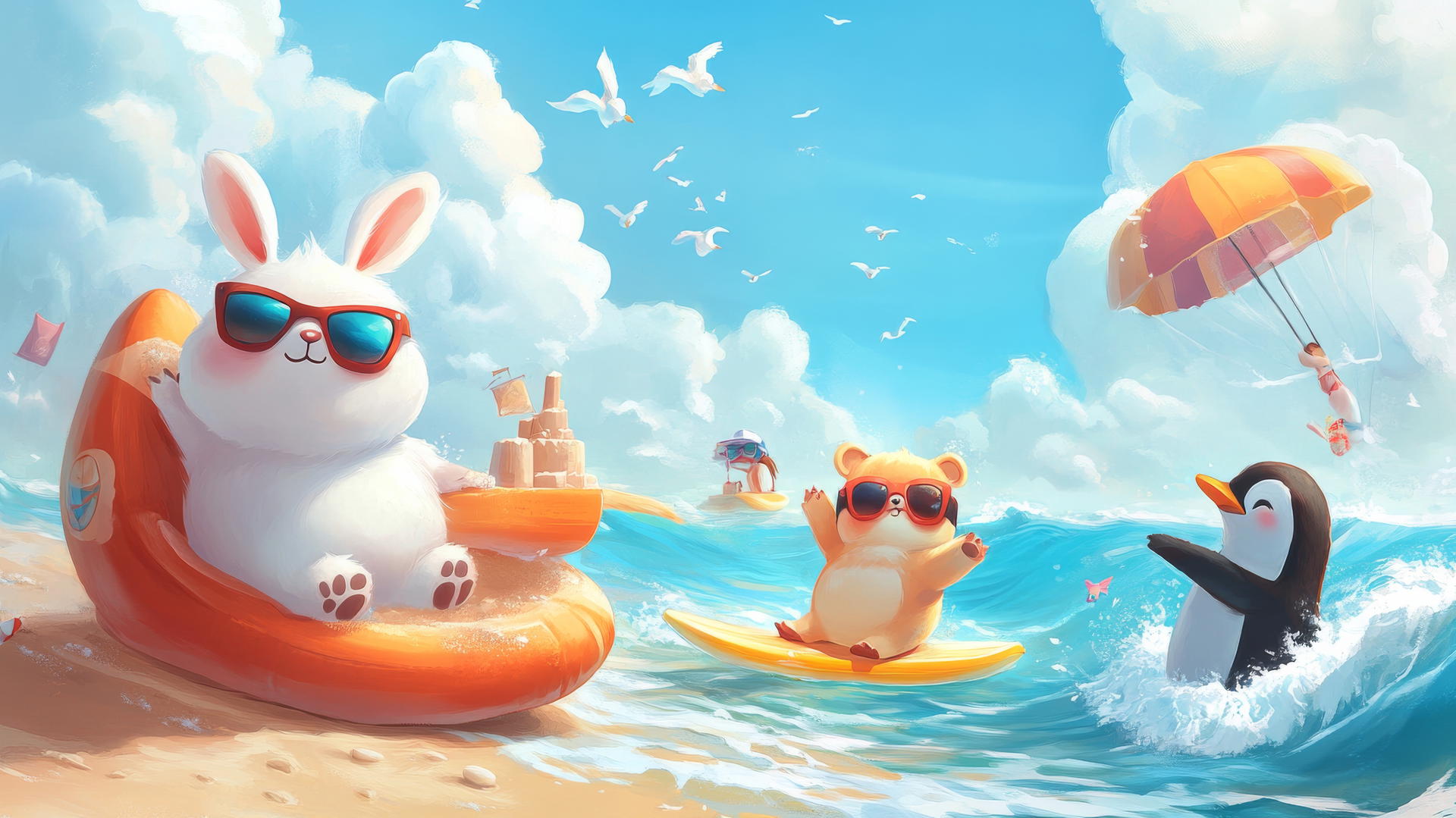 Cute summer wallpaper with cartoon animals at the beach, building sandcastles and surfing.