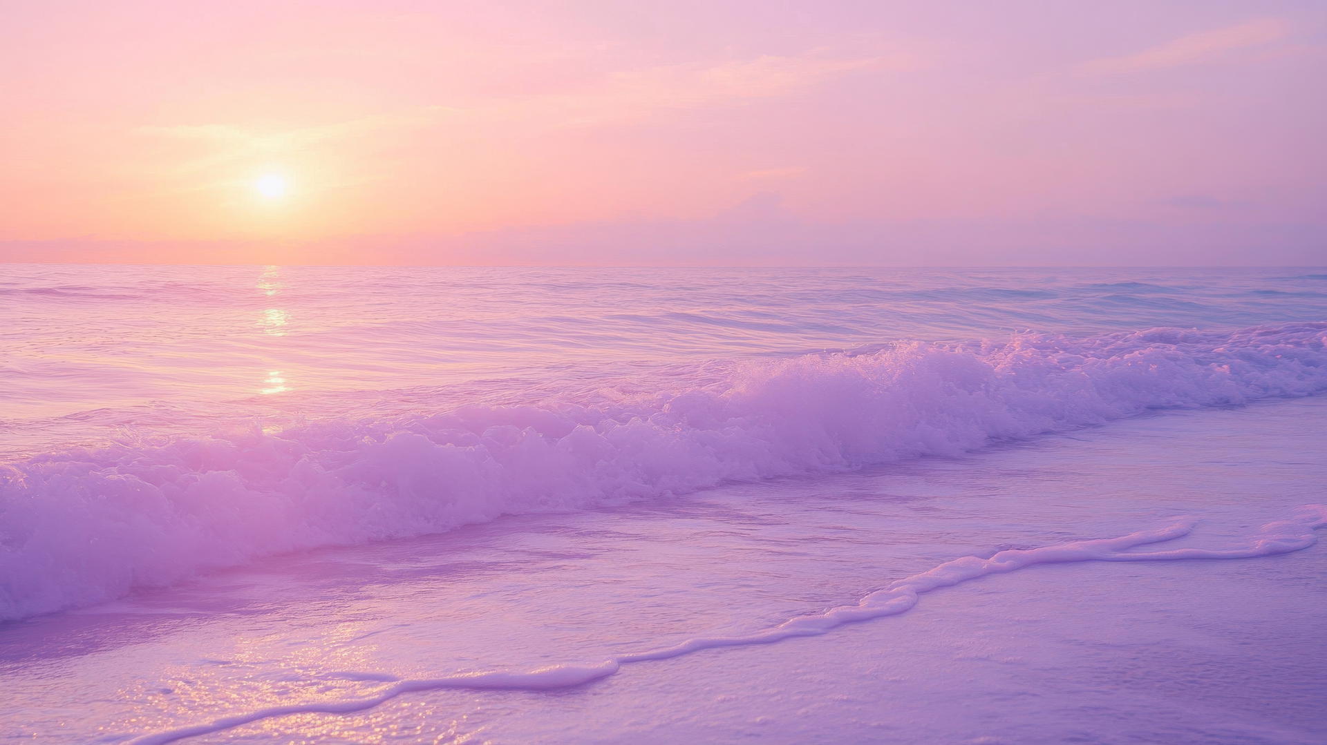 Aesthetic purple wallpaper with soft purple waves on a pastel beach at sunset.
