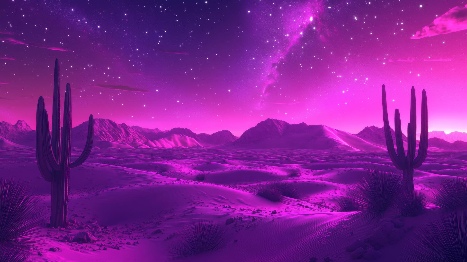 neon purple aesthetic wallpaper with glowing sand dunes and neon-lit cacti under a starry violet sky