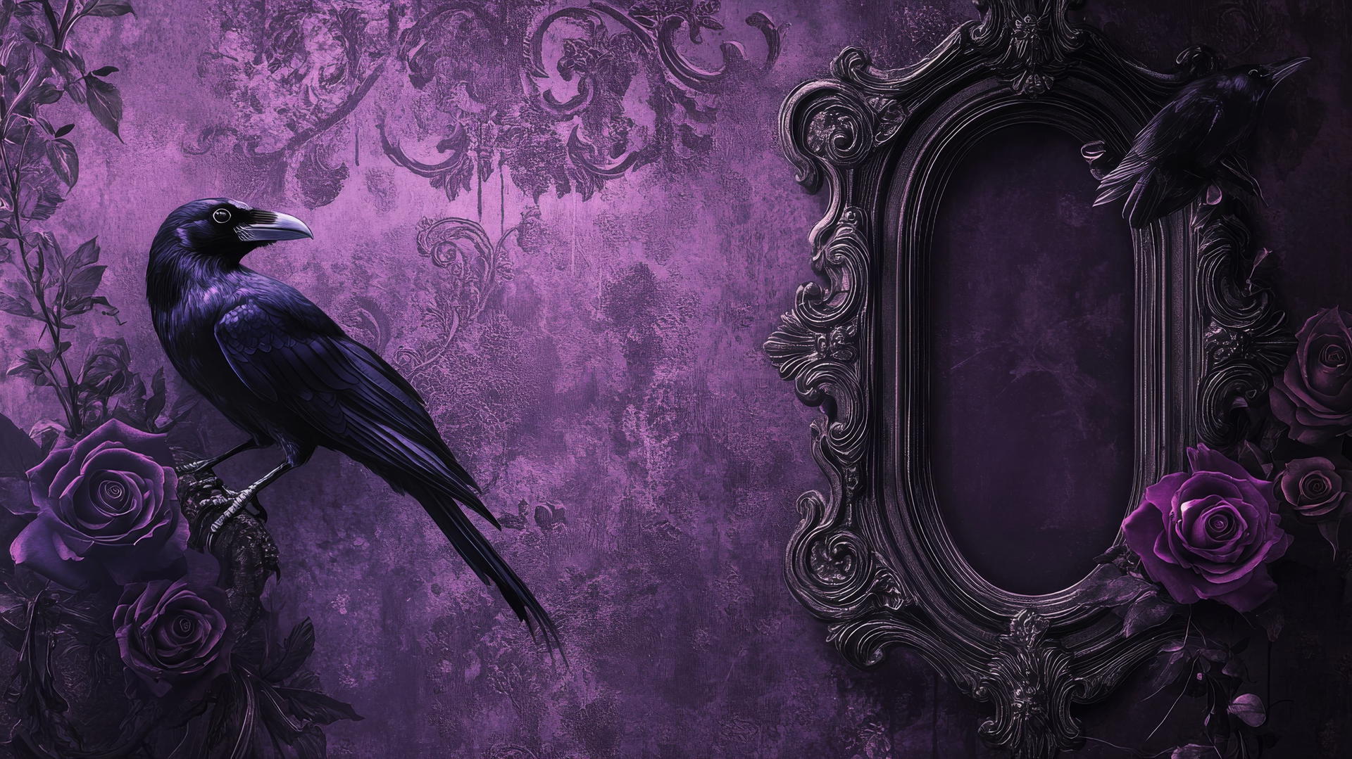 dark purple wallpaper with Victorian frames, ravens, and roses