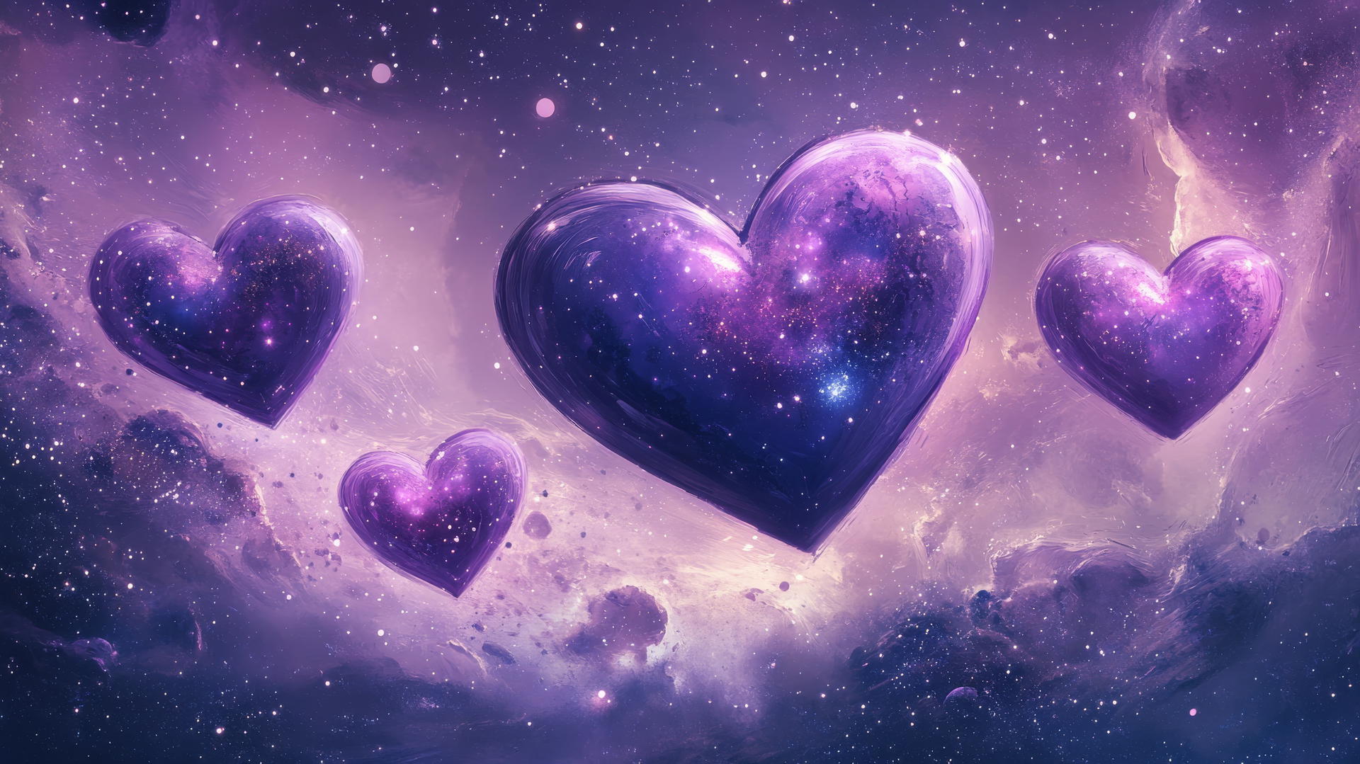 A whimsical galaxy-inspired purple heart wallpaper with hearts like planets.