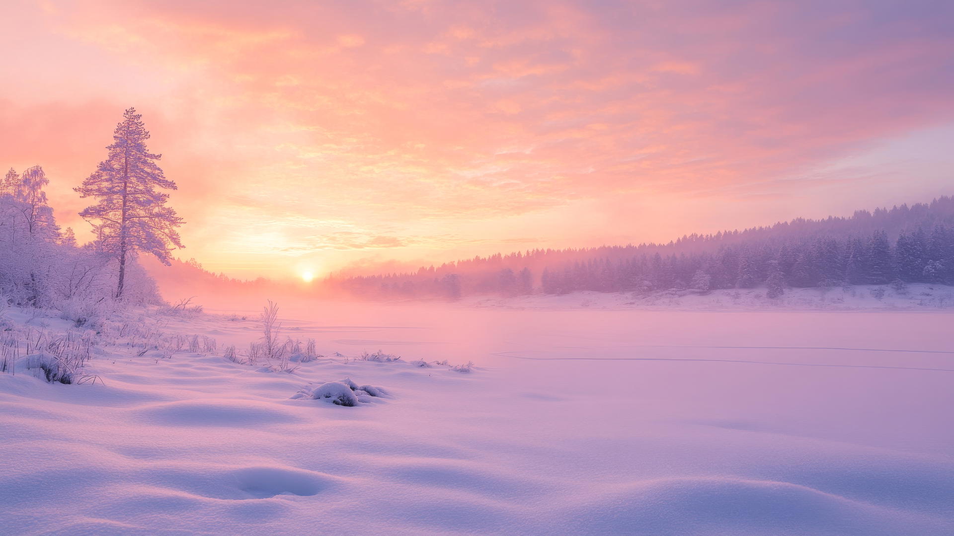 Beautiful winter wallpaper with pastel-hued sunset over a snow-covered meadow
