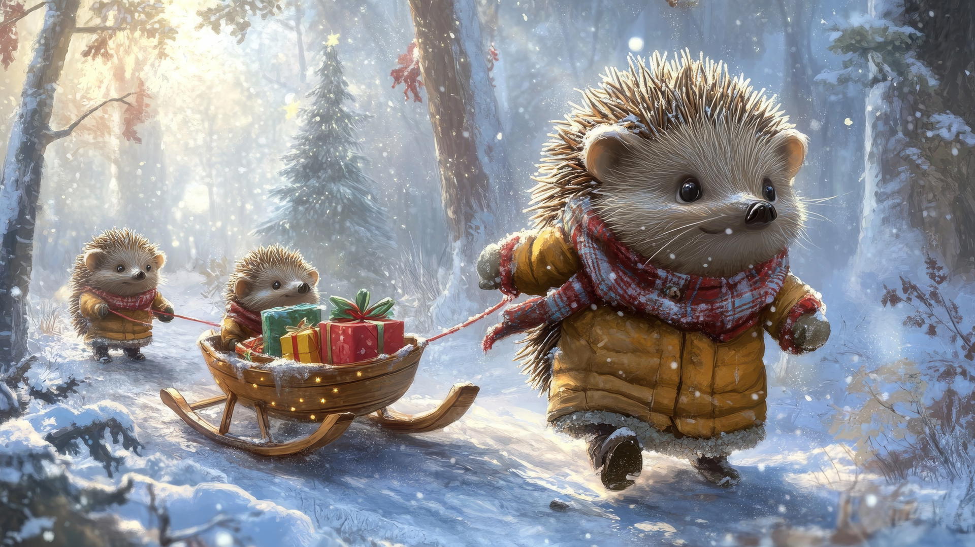 Cute winter wallpaper featuring tiny hedgehogs in winter clothes, snowy forest