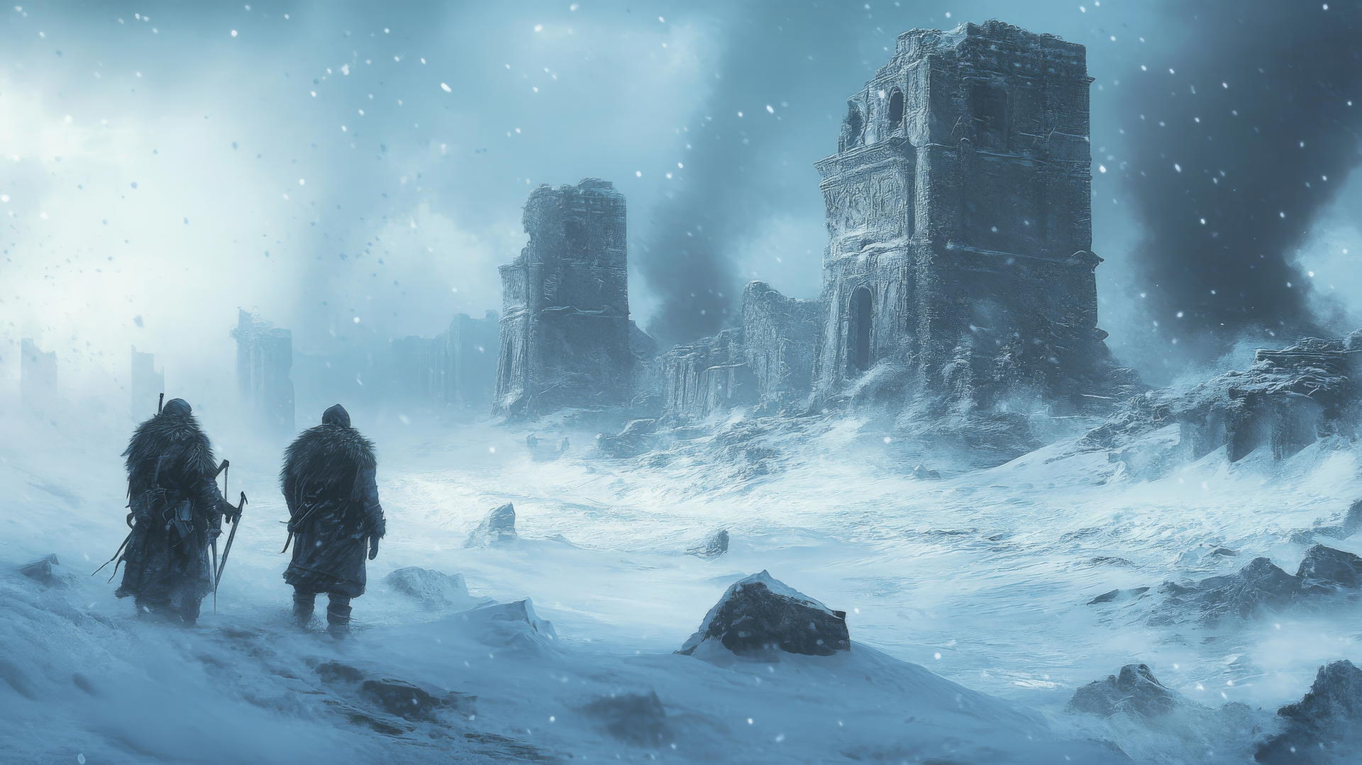 winter background wallpaper with ancient ruins, fur-clad warriors amid a snowstorm