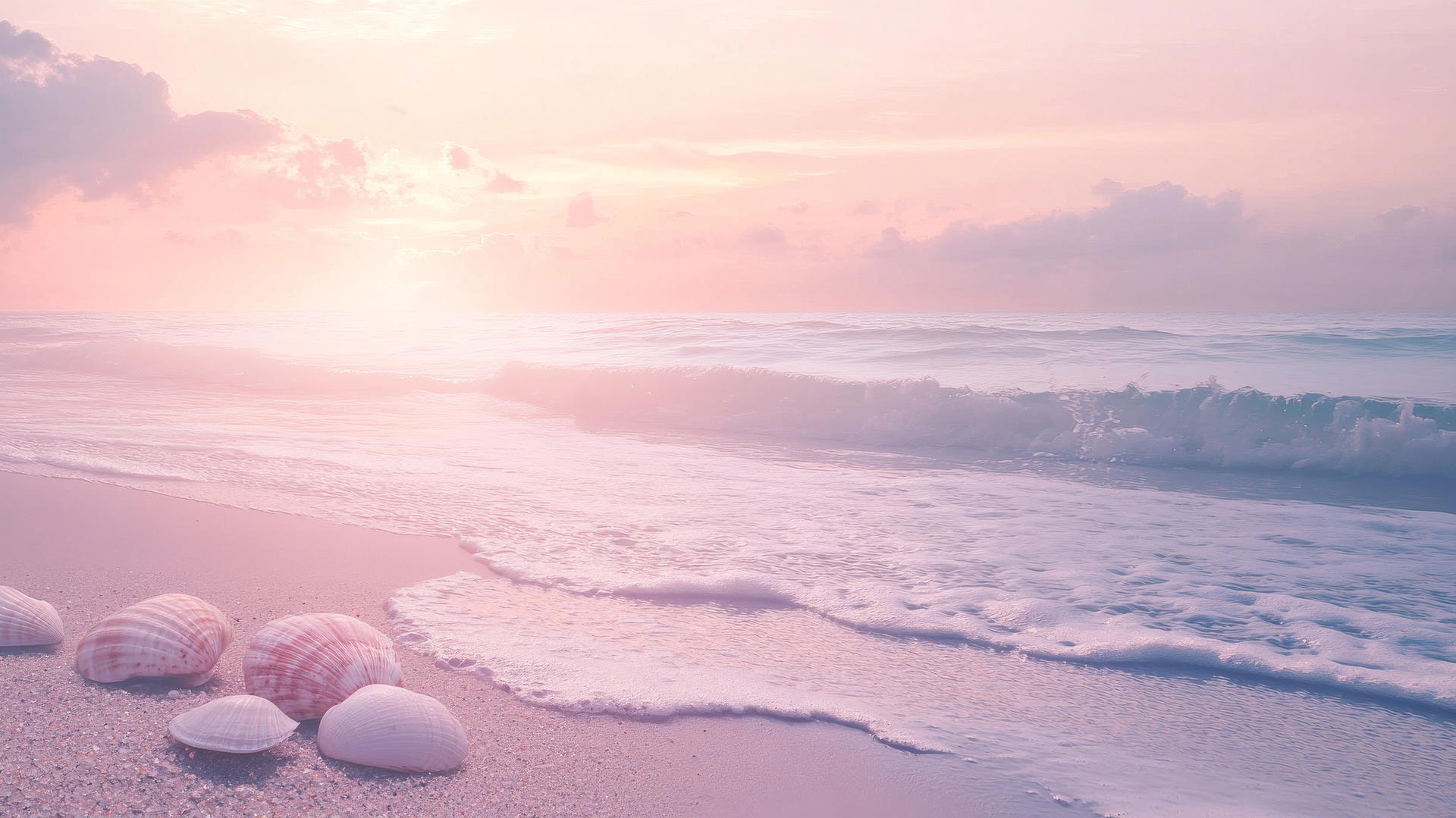 Aesthetic beach wallpaper with pastel skies, seashells, and gentle waves.