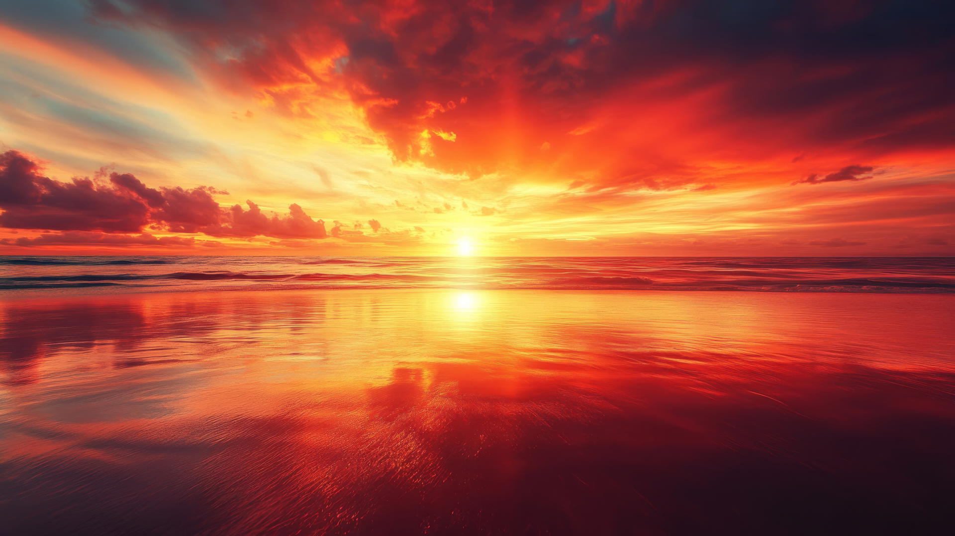 Sunset beach wallpaper with fiery red and orange skies reflecting on wet sand