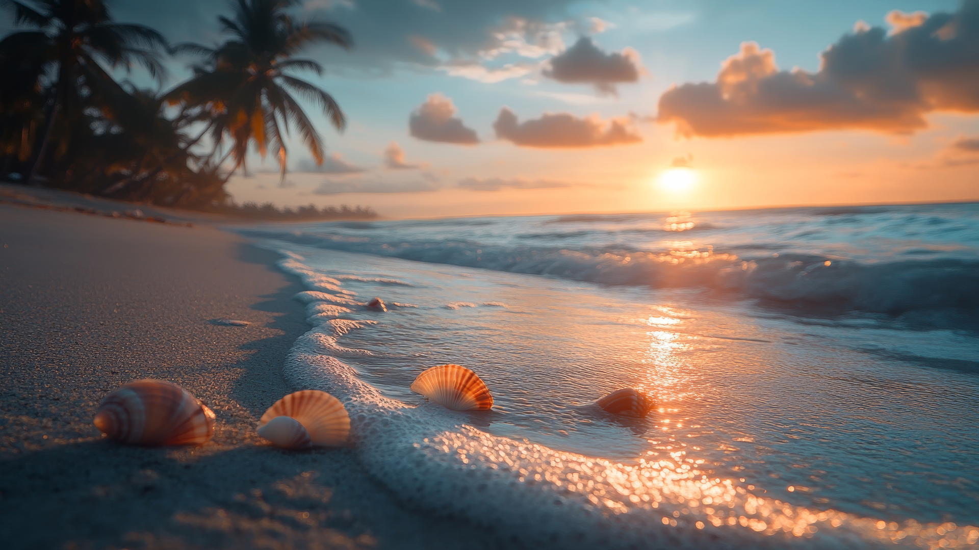tropical beach wallpaper with sunrise, golden light, palm trees, and seashells