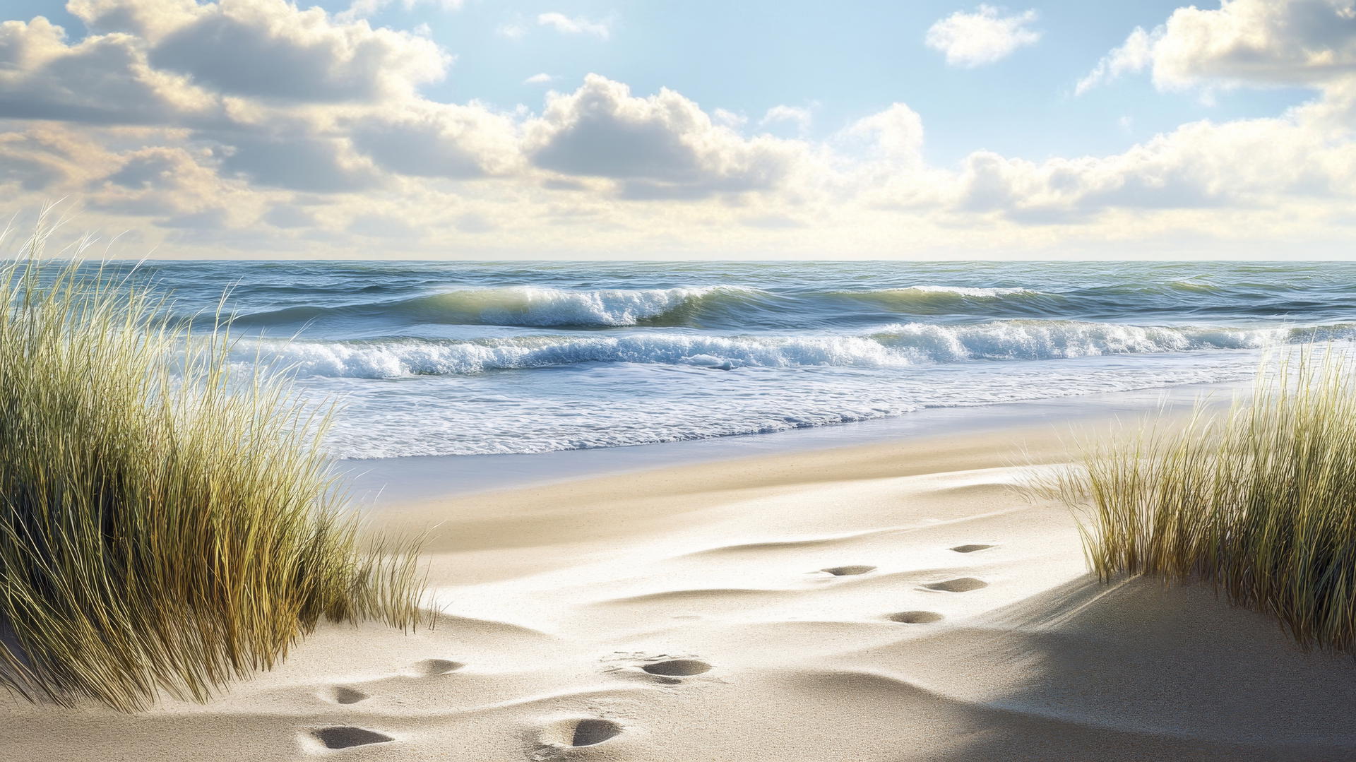 beach themed wallpaper with waves, sand, footrprints, and dune grass