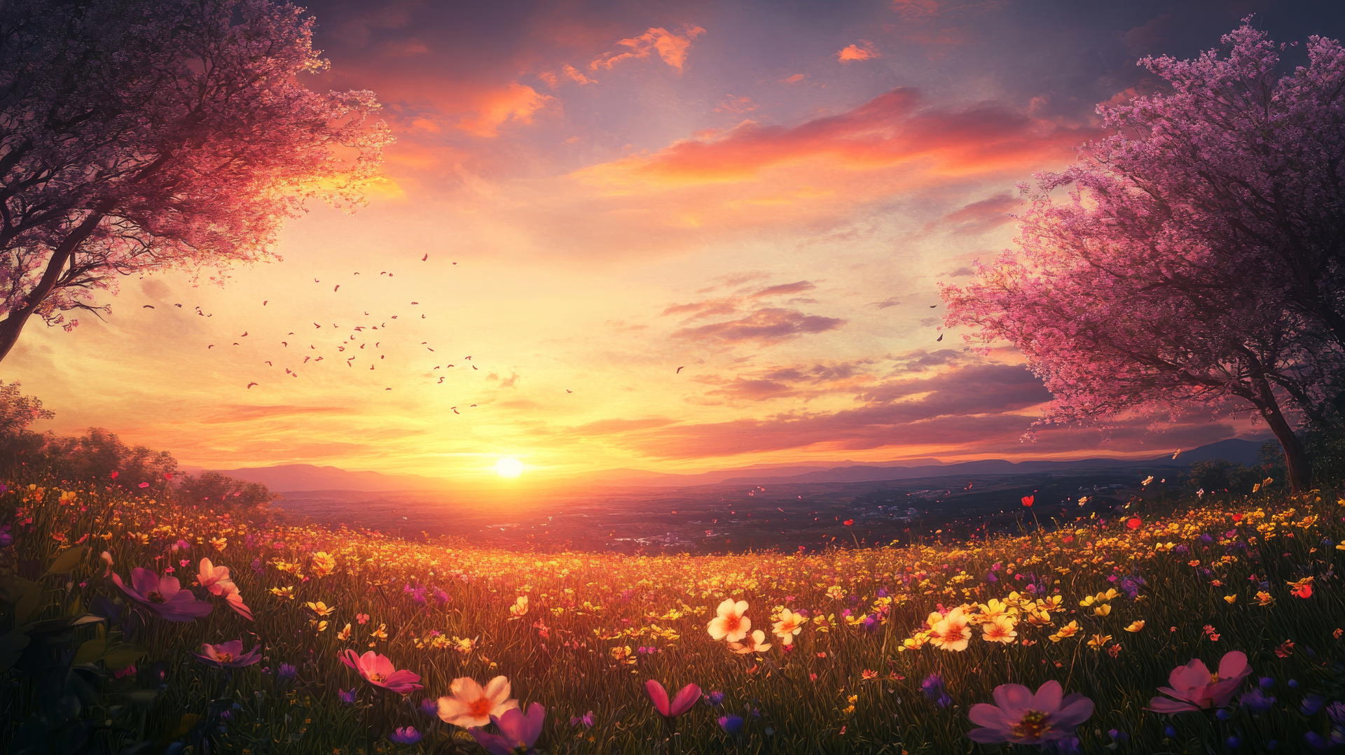 spring wallpaper of a sunset over a flower-filled meadow