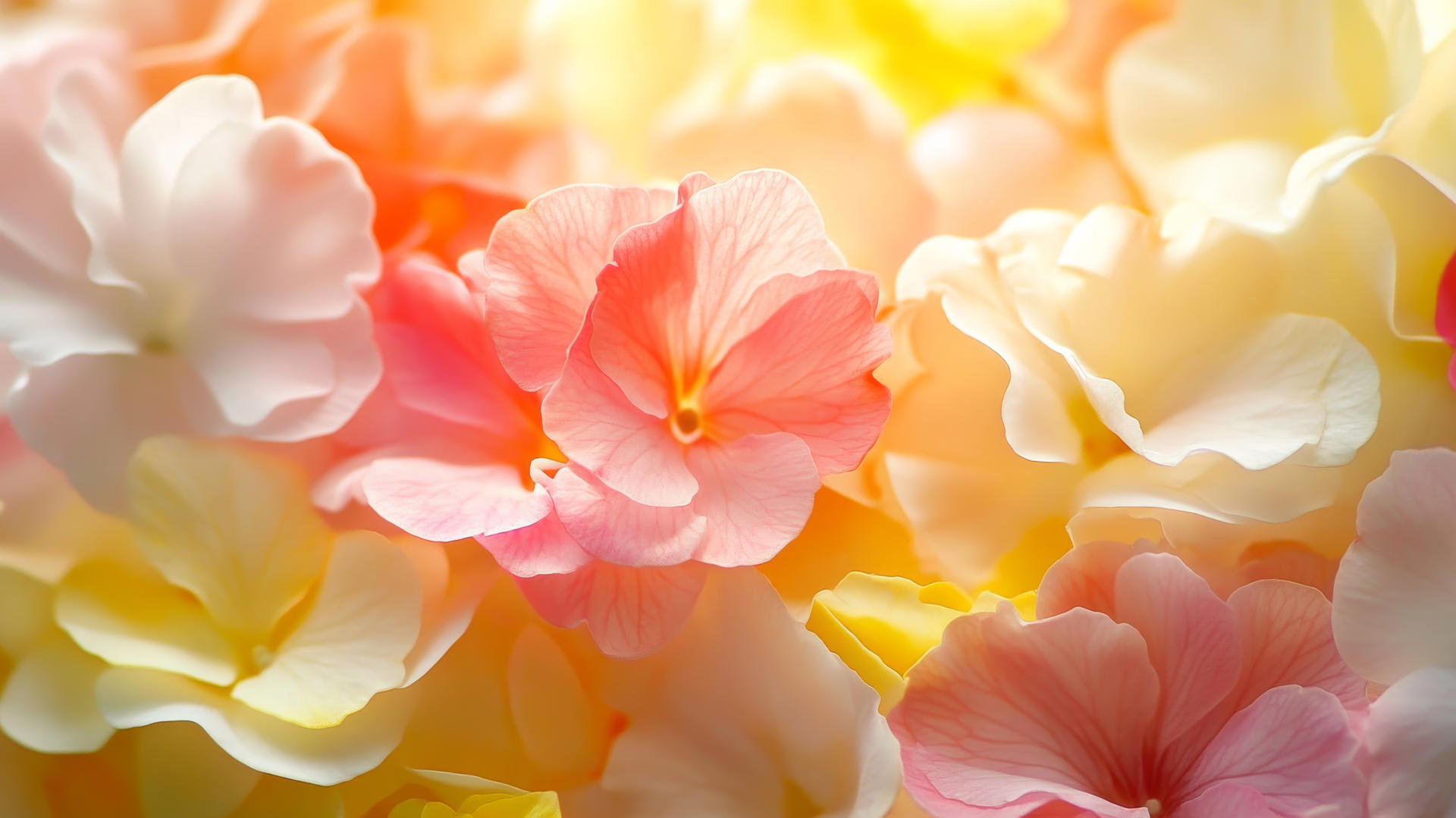 spring flowers wallpaper with delicate petals in pink, yellow, and white, lit by golden sunlight