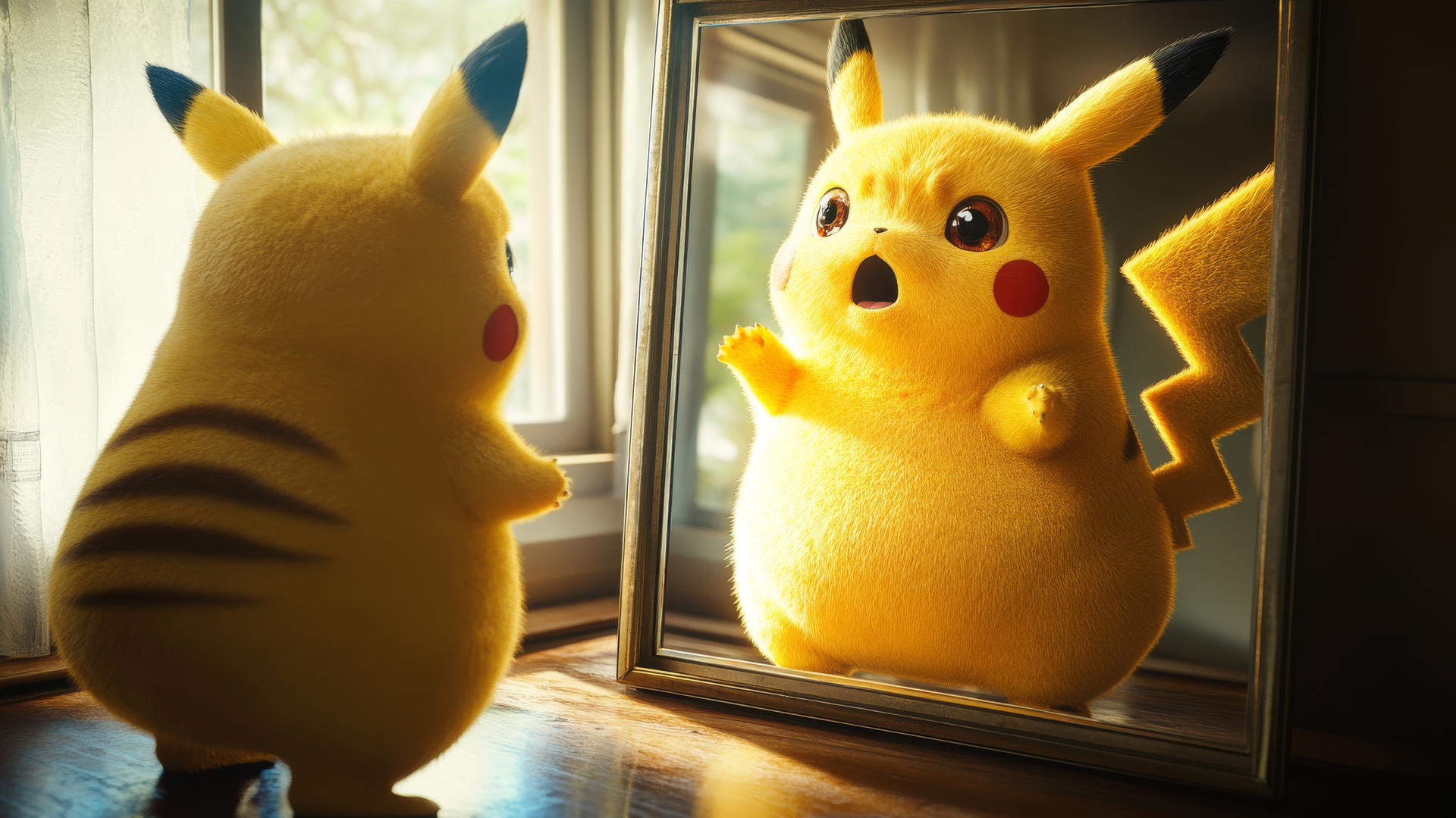 Fat Pikachu surprised at own reflection