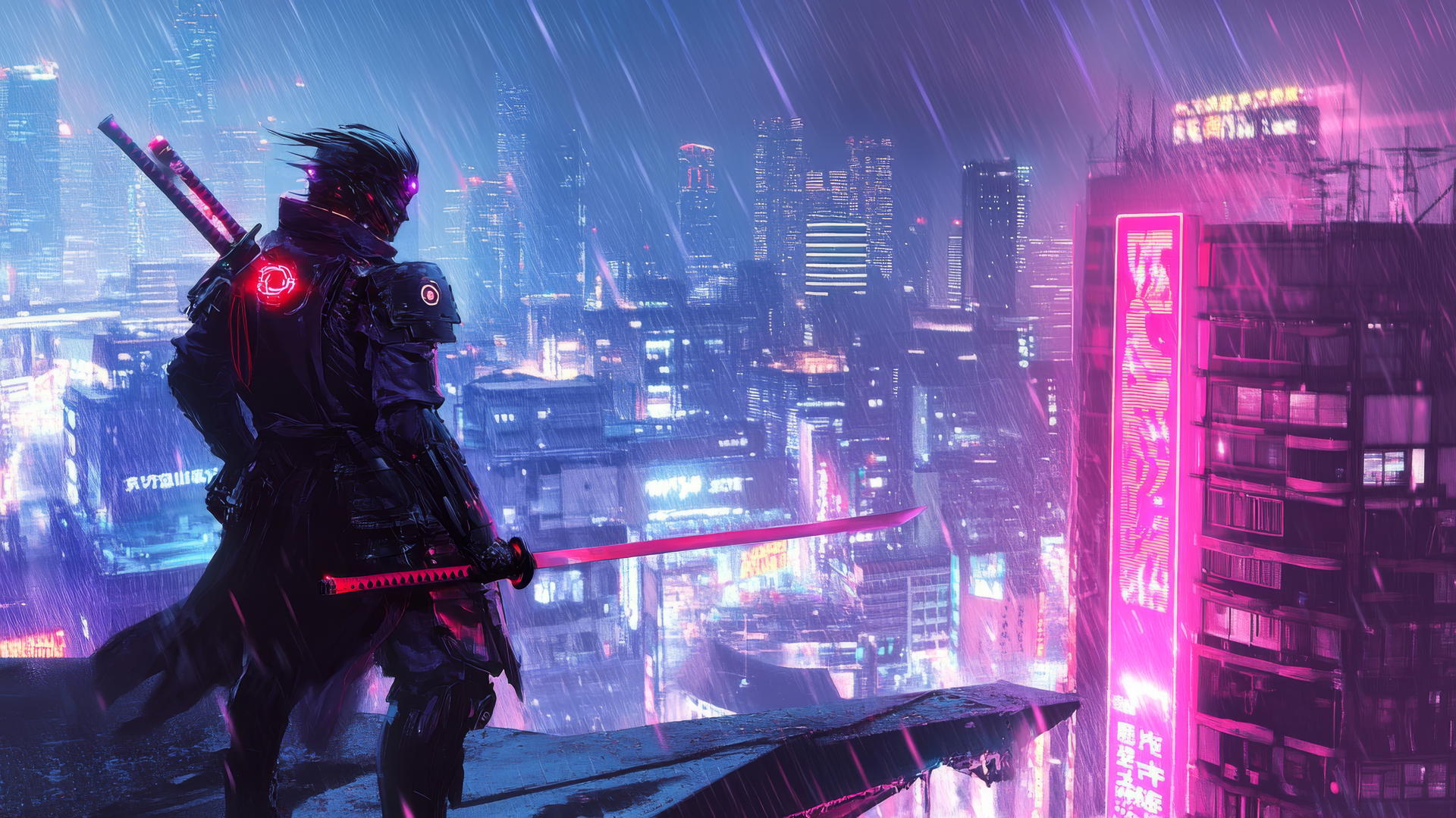 Futuristic samurai with glowing armor and neon sword on a high-tech city rooftop, cool wallpapers for boys.