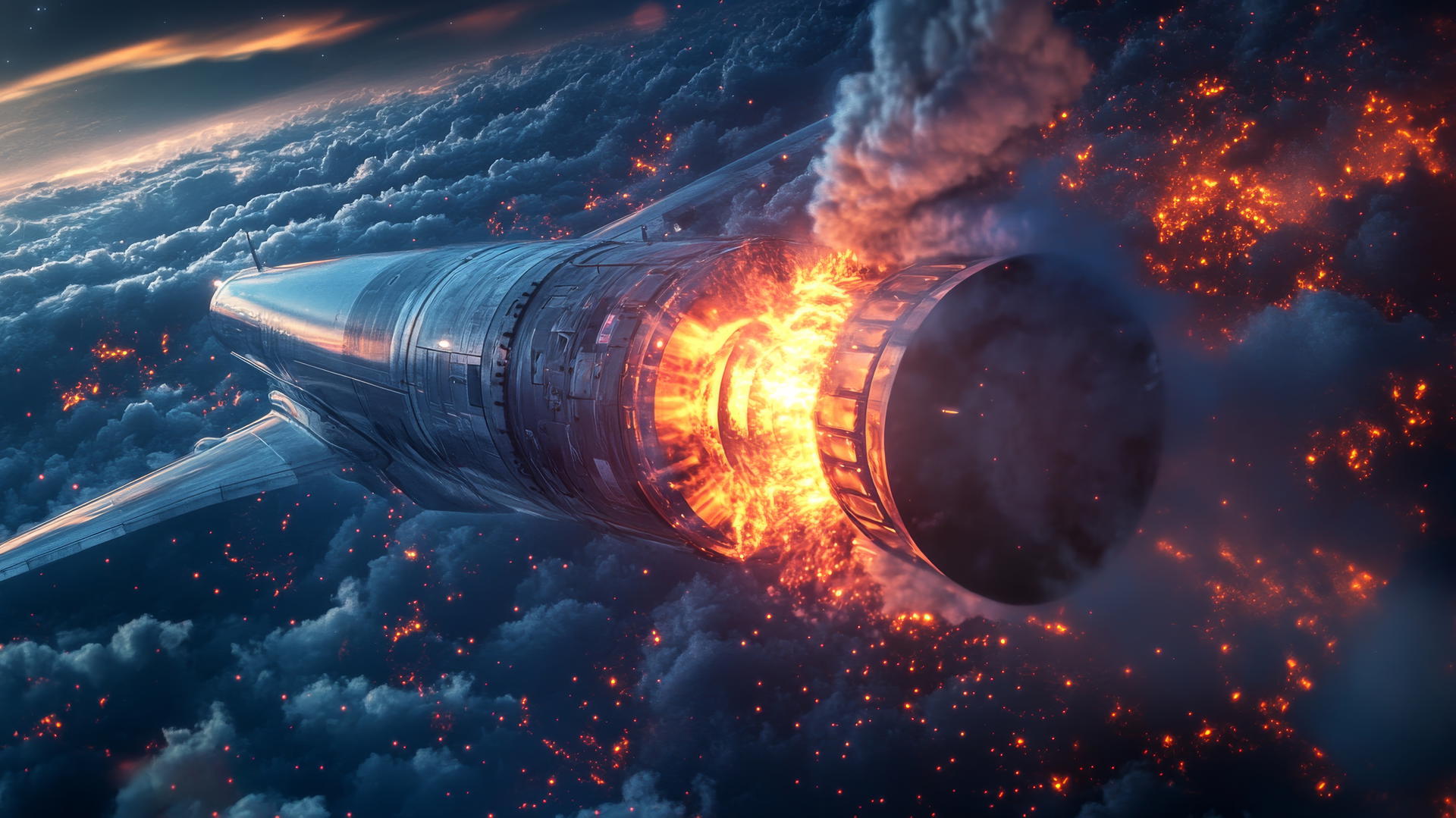 cool wallpapers for boys: powerful jet engine blasting flames during takeoff, with dark clouds and glowing lights
