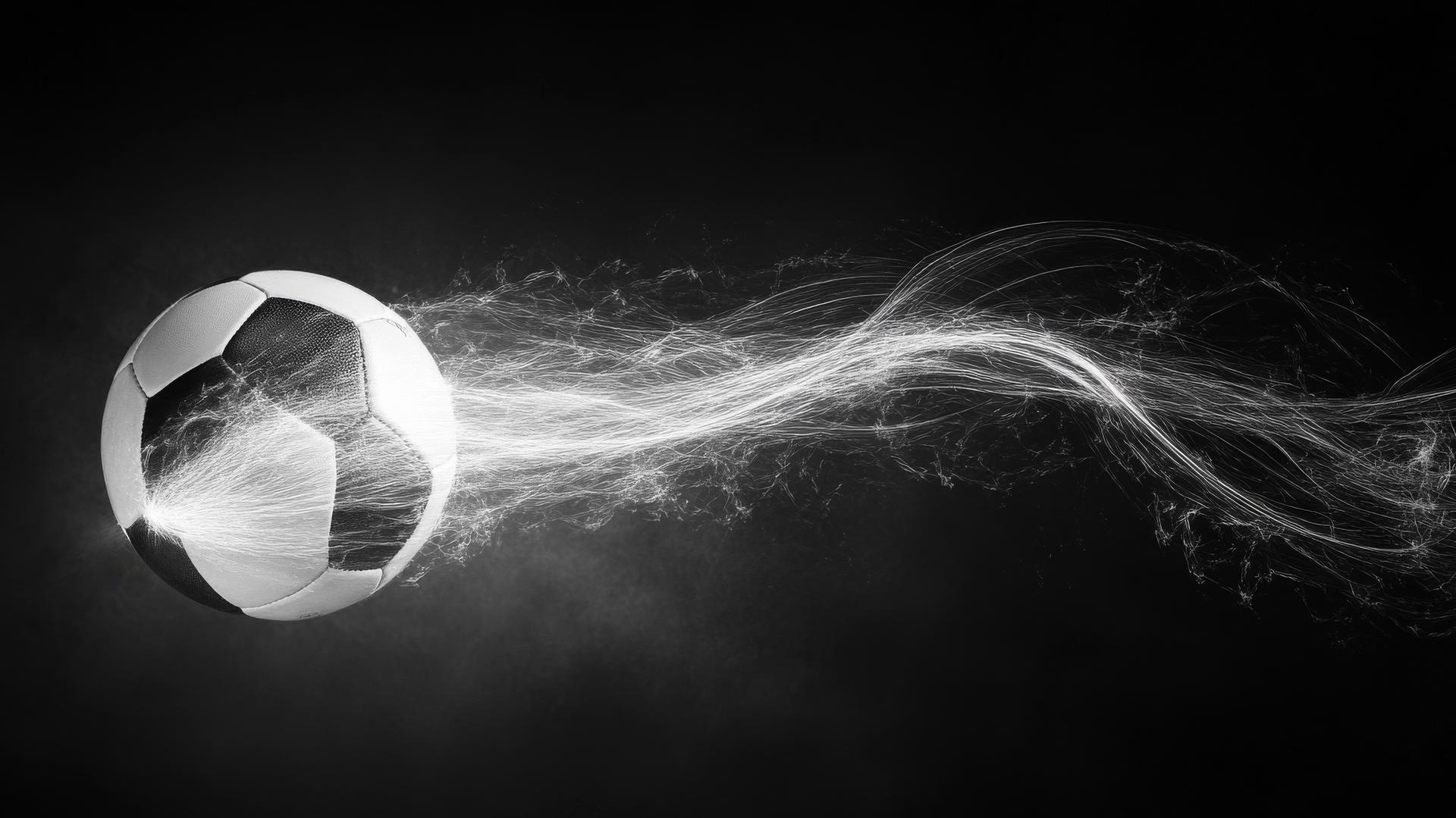 Glowing football outline with light trails on black and white background