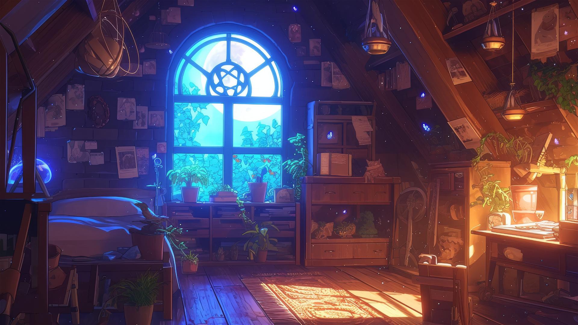 Ghibli-style attic bedroom with moonlight and magical trinkets.