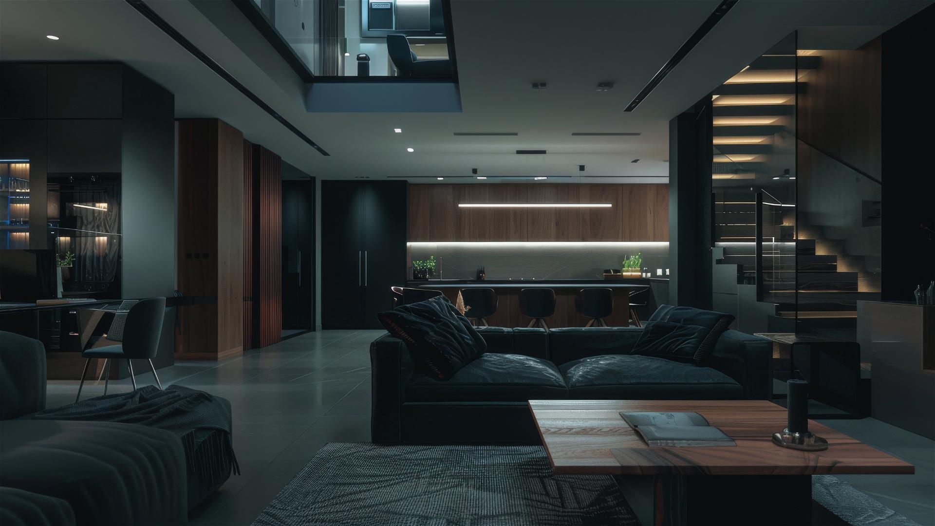 Modern mansion interior in matte black with Scandinavian design and soft white lighting.