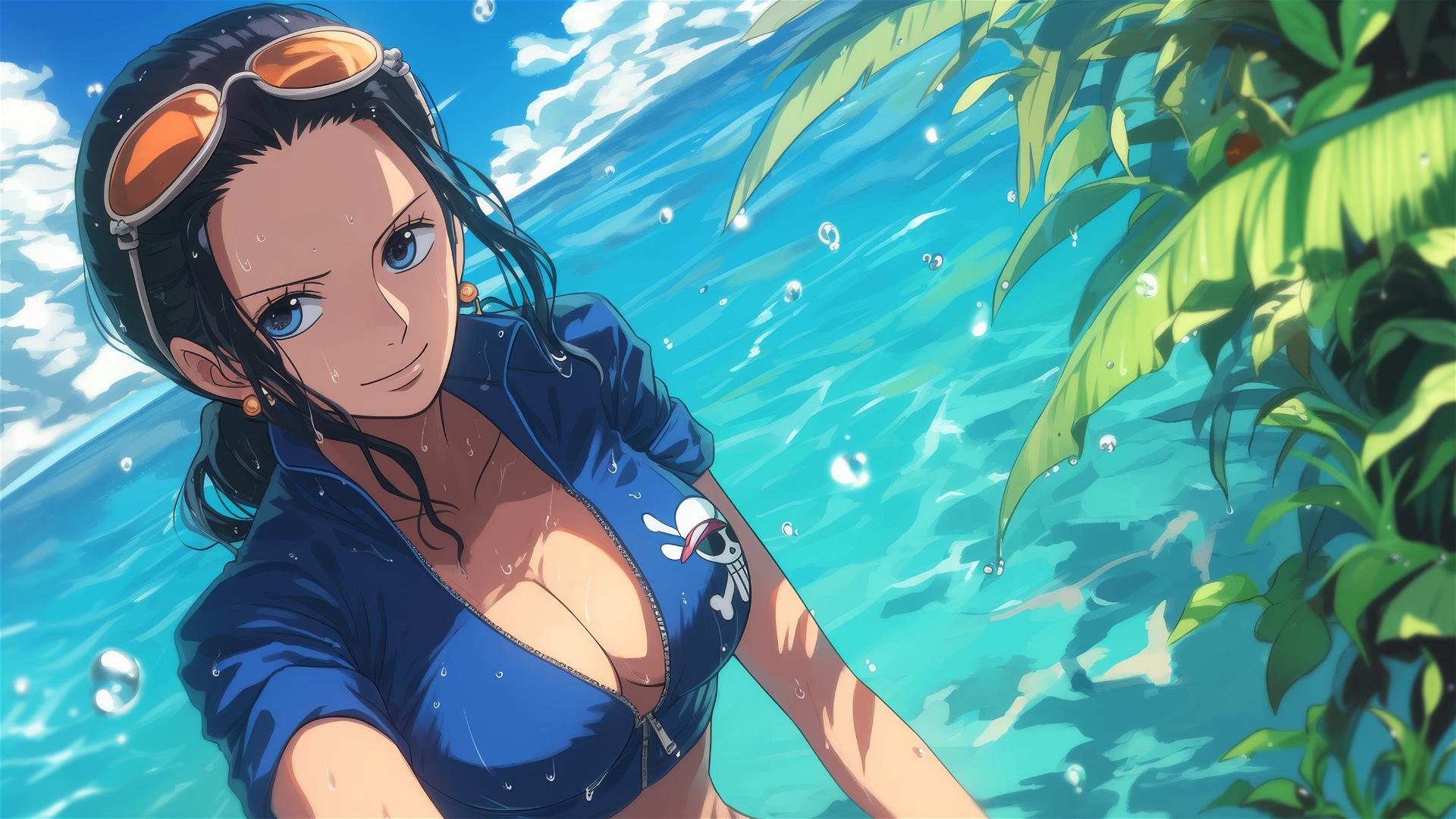 Nico Robin from One Piece swimming in pool under moonlight