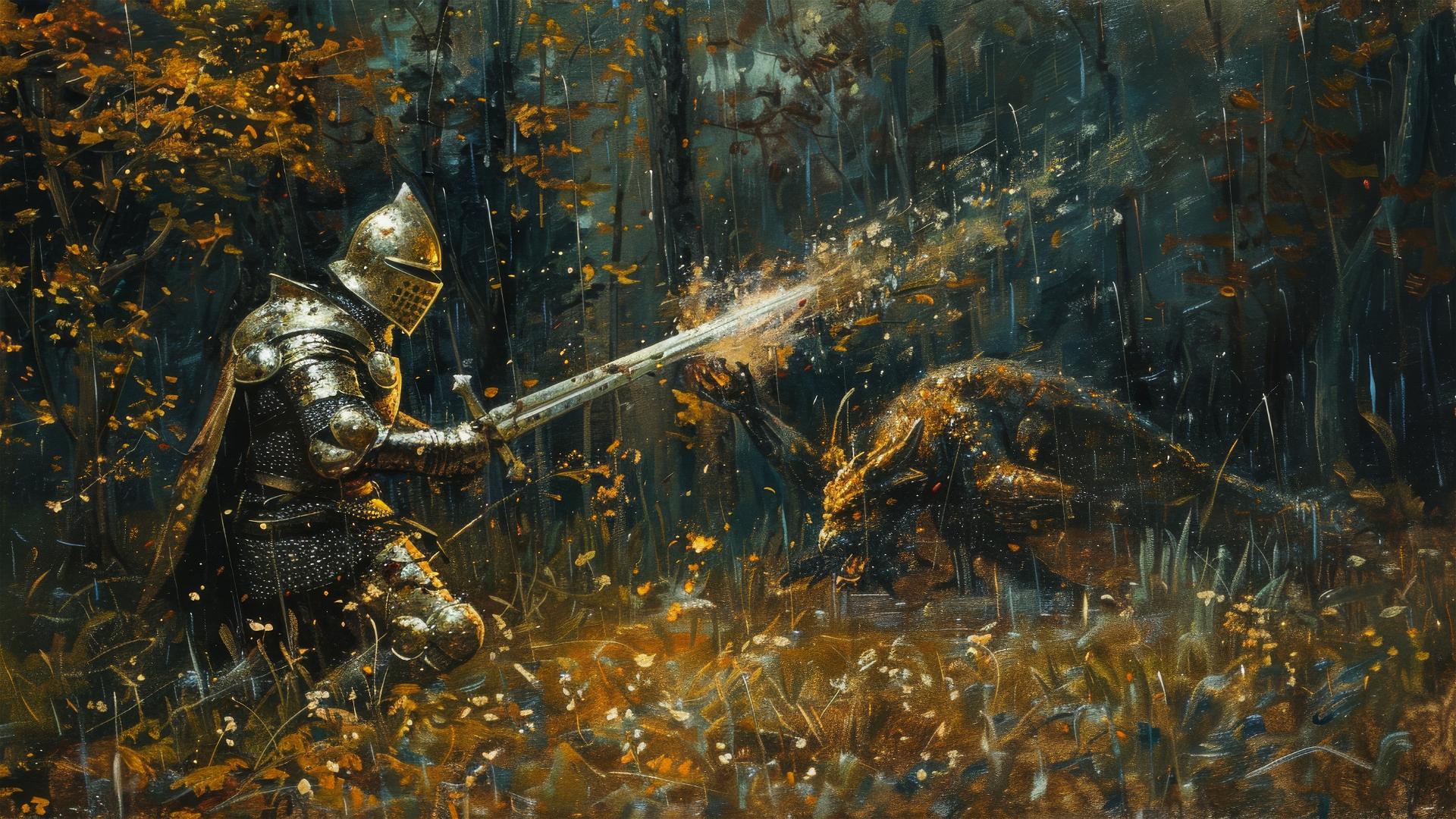 Knight in golden armor fights fire-breathing dragon in rainy forest