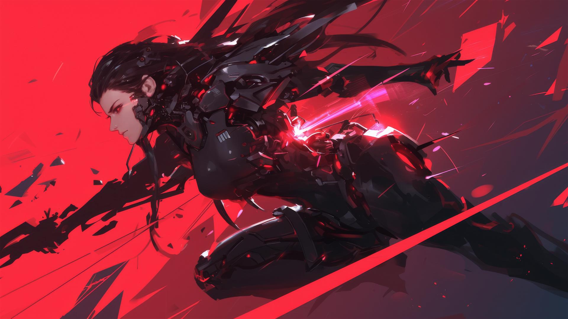 Cybernetic Agent Girl in dynamic pose on dark background with spotlight effect