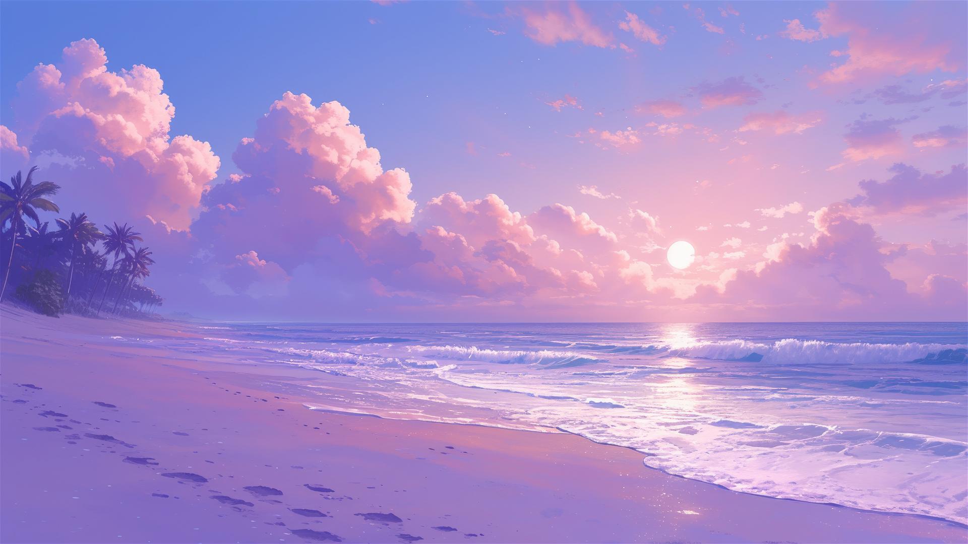 Serene beach night scene with a soft pink and purple sky reflecting on a calm sea