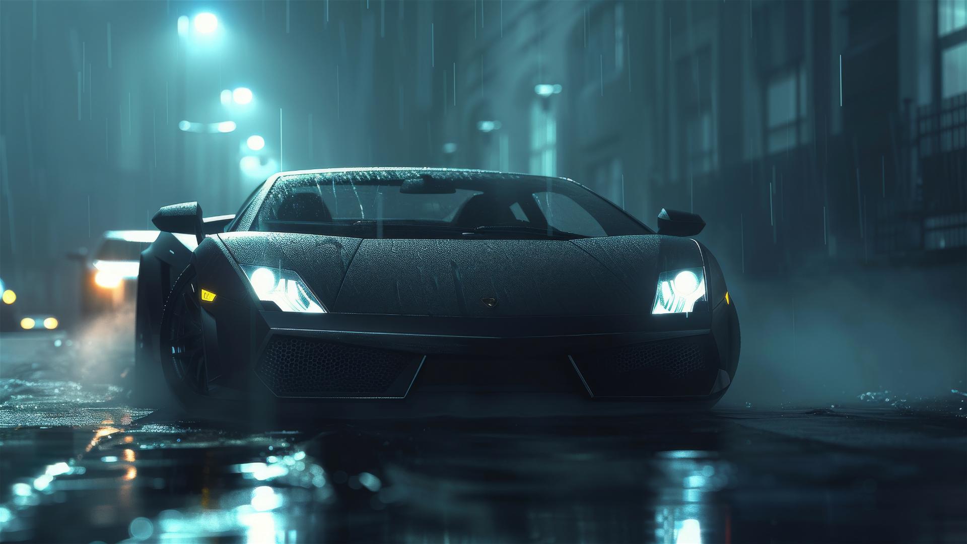 A closeup of a Lamborghini Gallardo in dim light with a gothic, foggy atmosphere, rendered in photorealistic 8k detail