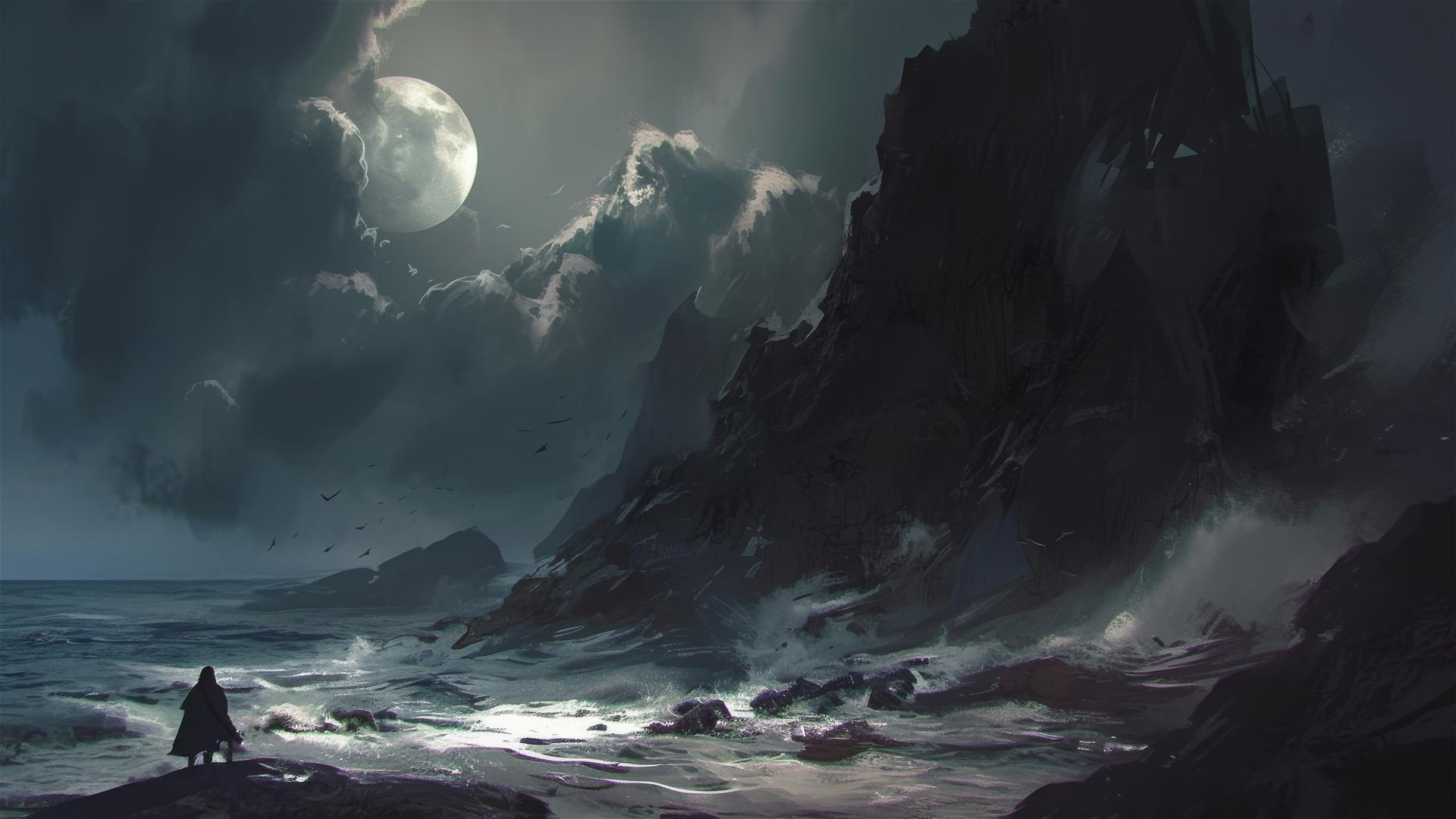 Charcoal cliffs and stormy sea under a moonless sky