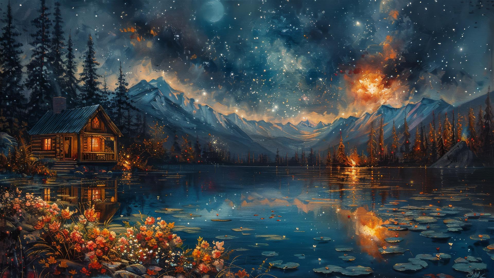 Cozy cabin by a floral lake under a starry night sky in Sebastian Pether style