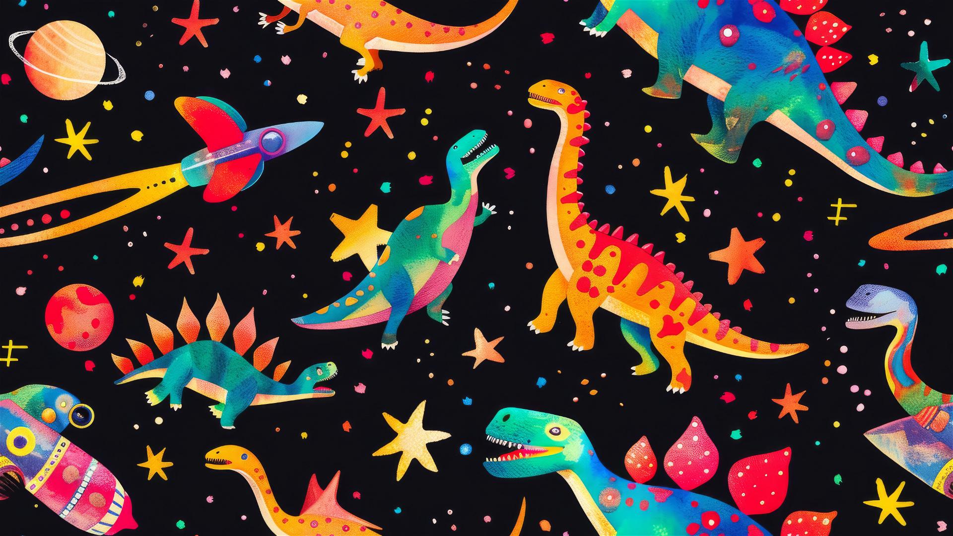 Vibrant pattern of colorful space dinosaurs and rocket ships on a black background.