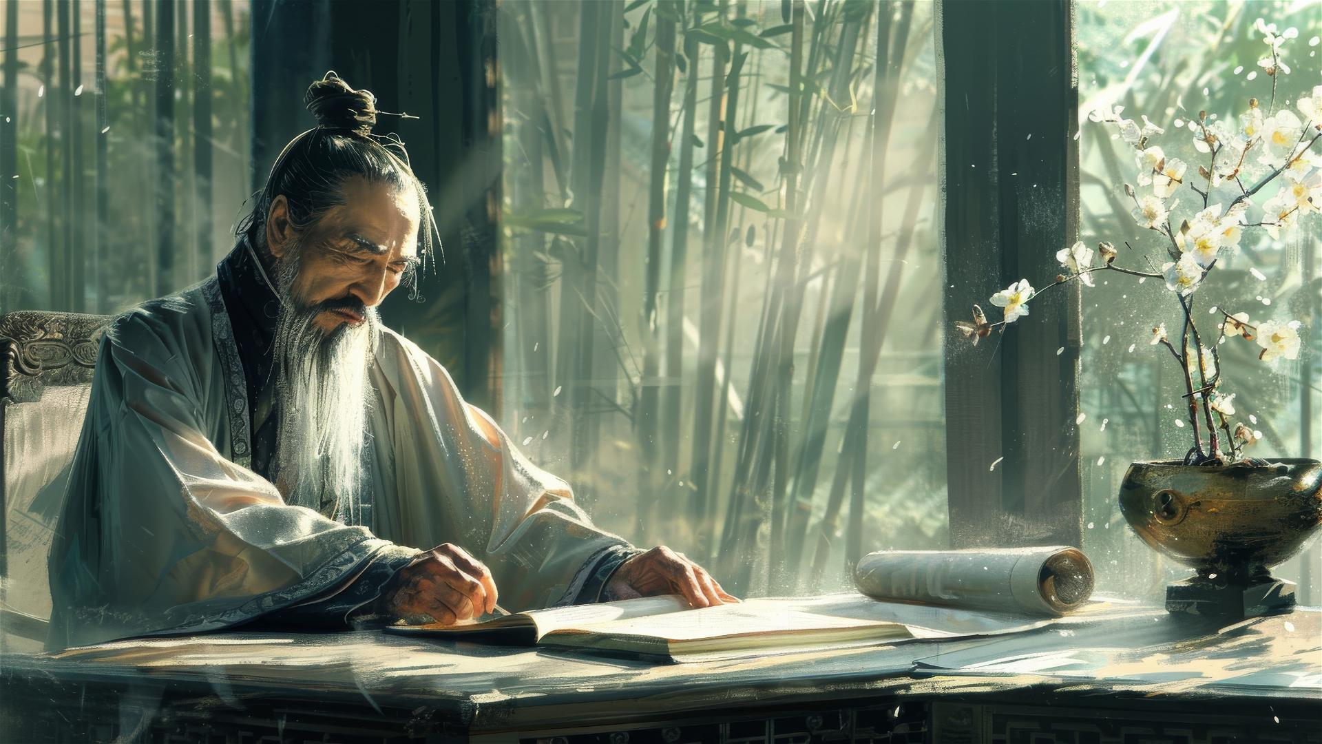Confucius in a serene ancient study with bamboo forest outside, sunlight on book and face.