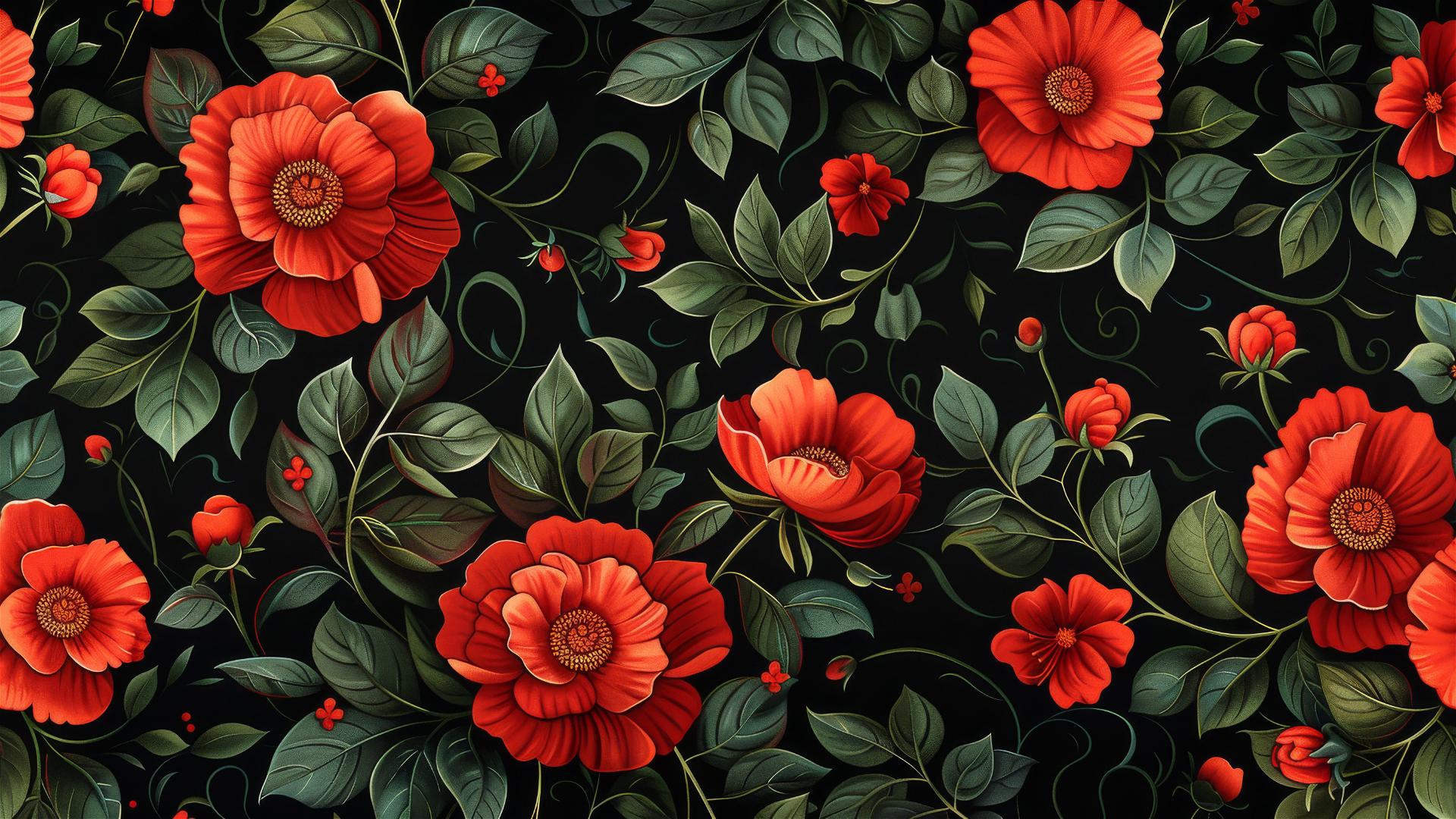 Red and green flowers on black background, seamless pattern