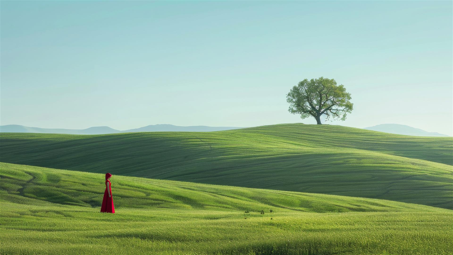 Woman in red dress stands before a tree on the horizon amidst green rolling hills, under blue sky