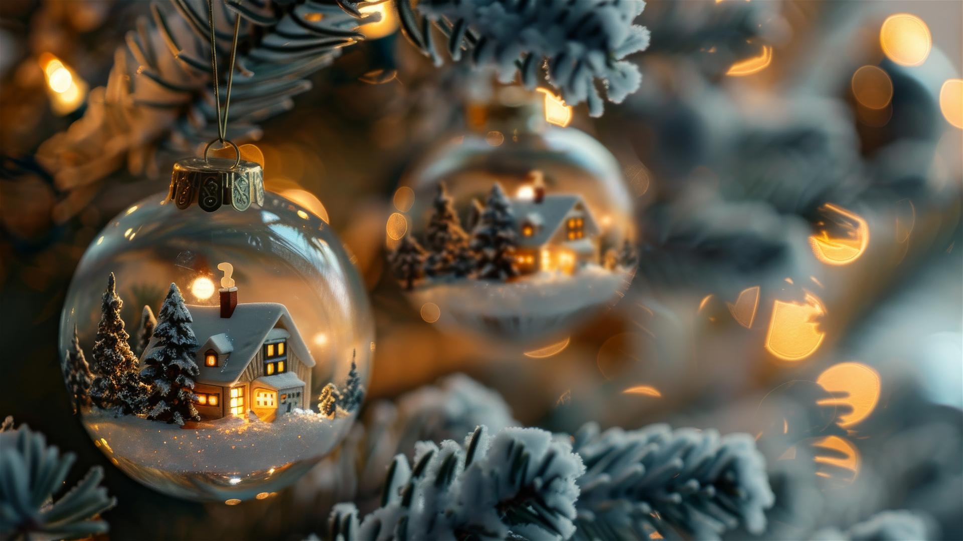 glass Christmas balls with small snow-covered villages inside hanging on a tree